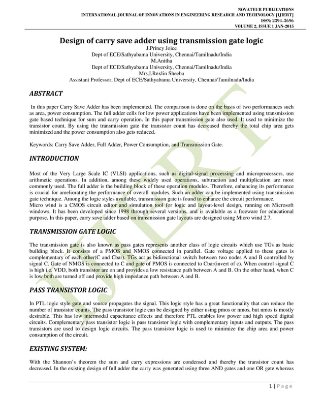 Design of carry save adder using transmission gate logic PDF