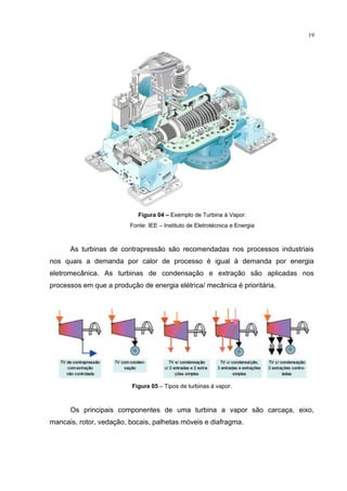 19
Figura 04 – Exemplo de Turbina à Vapor.
Fonte: IEE – Instituto de Eletrotécnica e Energia
As turbinas de contrapressão são recomendadas nos processos industriais
nos quais a demanda por calor de processo é igual à demanda por energia
eletromecânica. As turbinas de condensação e extração são aplicadas nos
processos em que a produção de energia elétrica/ mecânica é prioritária.
Figura 05 – Tipos de turbinas à vapor.
Os principais componentes de uma turbina a vapor são carcaça, eixo,
mancais, rotor, vedação, bocais, palhetas móveis e diafragma.
 