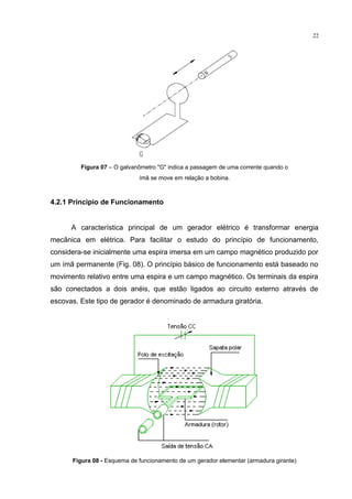 22
Figura 07 – O galvanômetro "G" indica a passagem de uma corrente quando o
ímã se move em relação a bobina.
4.2.1 Principio de Funcionamento
A característica principal de um gerador elétrico é transformar energia
mecânica em elétrica. Para facilitar o estudo do princípio de funcionamento,
considera-se inicialmente uma espira imersa em um campo magnético produzido por
um ímã permanente (Fig. 08). O princípio básico de funcionamento está baseado no
movimento relativo entre uma espira e um campo magnético. Os terminais da espira
são conectados a dois anéis, que estão ligados ao circuito externo através de
escovas. Este tipo de gerador é denominado de armadura giratória.
Figura 08 - Esquema de funcionamento de um gerador elementar (armadura girante)
 