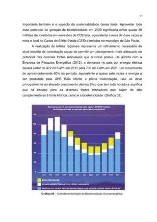 37
Importante também é o aspecto da sustentabilidade dessa fonte. Aproveitar todo
esse potencial de geração de bioeletricidade em 2020 significaria evitar quase 40
milhões de toneladas em emissões de CO2/ano, equivalente a mais de duas vezes e
meia o total de Gases de Efeito Estufa (GEEs) emitidos no município de São Paulo.
A realização de leilões regionais representa um refinamento necessário do
atual modelo de contratação capaz de permitir um planejamento mais adequado do
potencial das diversas fontes renováveis que o Brasil possui. De acordo com a
Empresa de Pesquisa Energética (2012), a demanda no país por energia elétrica
deverá saltar de 472 mil GWh em 2011 para 736 mil GWh em 2021, um crescimento
de aproximadamente 60% no período, equivalente a quase sete vezes a energia a
ser produzida pela UHE Belo Monte a plena motorização. Isso se deve
principalmente ao elevado crescimento demográfico que tem sido notado e significa
que há espaço para as diversas fontes renováveis que sejam de fato
complementares à fonte hídrica, como é a bioeletricidade (Gráfico 03).
Gráfico 04 – Complementaridade da Bioeletricidade Sucroenergética.
 