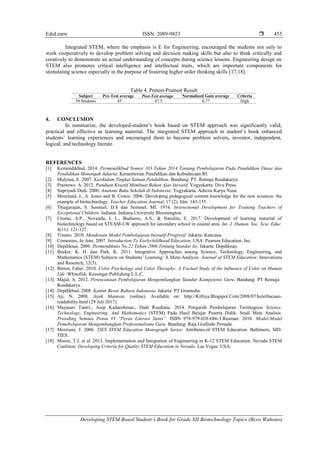 EduLearn ISSN: 2089-9823 
Developing STEM Based Student’s Book for Grade XII Biotechnology Topics (Bevo Wahono)
455
Integrated STEM, where the emphasis is E for Engineering, encouraged the students not only to
work cooperatively to develop problem solving and decision making skills but also to think critically and
creatively to demonstrate an actual understanding of concepts during science lessons. Engineering design on
STEM also promotes critical intelligence and intellectual traits, which are important components for
stimulating science especially in the purpose of fostering higher order thinking skills [17,18].
Table 4. Pretest-Posttest Result
Subject Pre-Test average Post-Test average Normalized Gain average Criteria
58 Students 45 87.5 0,77 High
4. CONCLUSION
In summarize, the developed-student’s book based on STEM approach was significantly valid,
practical and effective as learning material. The integrated STEM approach in student’s book enhanced
students’ learning experiences and encouraged them to become problem solvers, inventor, independent,
logical, and technology literate.
REFERENCES
[1] Kemendikbud. 2014. Permendikbud Nomor 103 Tahun 2014 Tentang Pembelajaran Pada Pendidikan Dasar dan
Pendidikan Menengah Jakarta: Kementerian Pendidikan dan Kebudayaan RI.
[2] Mulyasa, E. 2007. Kurikulum Tingkat Satuan Pendidikan. Bandung: PT. Remaja Rosdakarya.
[3] Prastowo. A. 2012. Panduan Kreatif Membuat Bahan Ajar Inovatif. Yogyakarta: Diva Press.
[4] Supriyadi Dedi. 2000. Anatomi Buku Sekolah di Indonesia. Yogyakarta: Adicita Karya Nusa.
[5] Moreland, J., A. Jones and B. Cowie. 2006. Developing pedagogical content knowledge for the new sciences: the
example of biotechnology. Teacher Education Journal, 17 (2), hlm. 143-155.
[6] Thiagarajan, S. Semmel, D.S dan Semmel, MI. 1974. Instructional Development for Training Teachers of
Exceptional Children. Indiana: Indiana University Bloomington.
[7] Utomo, A.P., Novenda, I. L., Budiarso, A.S., & Narulita, E. 2017. Development of learning material of
biotechnology based on STEAM-LW approach for secondary school in coastal area. Int. J. Human. Soc. Scie. Educ.
4(11): 121-127.
[8] Trianto. 2010. Mendesain Model Pembelajaran Inovatif-Progresif. Jakarta: Kencana.
[9] Comenius, Jo Ann. 2007. Introduction To Earlychildhood Education. USA: Pearson Education, Inc.
[10] Depdiknas. 2006. Permendiknas No 22 Tahun 2006 Tentang Standar Isi. Jakarta: Depdiknas.
[11] Becker. K. H. dan Park. K. 2011. Integrative Approaches among Science, Technology, Engineering, and
Mathematics (STEM) Subjects on Students’ Learning: A Meta-Analysis. Journal of STEM Education: Innovations
and Research, 12(5).
[12] Birren, Faber. 2010. Color Psychology and Color Theraphy: A Factual Study of the Influence of Color on Human
Life .Whitefish. Kessinger Publishing L.L.C.
[13] Majid, A. 2012. Perencanaan Pembelajaran Mengembangkan Standar Kompetensi Guru. Bandung: PT Remaja
Rosdakarya.
[14] Depdikbud. 2008. Kamus Besar Bahasa Indonesia. Jakarta: PT Gramedia.
[15] Aji, N. 2008. Jejak Manusia. (online). Available on: http://Kiftiya.Blogspot.Com/2008/07/keterbacaan-
readability.html (29 Juli 2017).
[16] Mayasari Tantri., Asep Kadarohman., Dadi Rusdiana. 2014. Pengaruh Pembelajaran Terintegrasi Science,
Technology, Engineering, And Mathematics (STEM) Pada Hasil Belajar Peserta Didik: Studi Meta Analisis.
Prosiding Semnas Pensa VI ”Peran Literasi Sains”. ISBN 978-979-028-686-3.Rusman. 2010. Model-Model
Pemebelajaran Mengembangkan Profesionalisme Guru. Bandung: Raja Grafindo Persada.
[17] Morrison, J. 2006. TIES STEM Education Monograph Series: Attributes.of STEM Education. Baltimore, MD:
TIES.
[18] Moore, T.J. et al. 2013. Implementation and Integration of Engineering in K-12 STEM Education. Nevada STEM
Coalition: Developing Criteria for Quality STEM Education in Nevada. Las Vegas: USA.
 