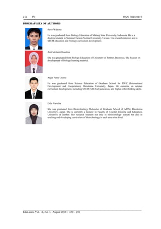  ISSN: 2089-9823
EduLearn Vol. 12, No. 3, August 2018 : 450 – 456
456
BIOGRAPHIES OF AUTHORS
Bevo Wahono
He was graduated from Biology Education of Malang State University, Indonesia. He is a
doctoral student in National Taiwan Normal University,Taiwan. His research interests are in
STEM education and biology curriculum development.
Aini Meitanti Rosalina
She was graduated from Biology Education of University of Jember, Indonesia. She focuses on
development of biology learning material.
Anjar Putro Utomo
He was graduated from Science Education of Graduate School for IDEC (International
Development and Cooperation), Hiroshima University, Japan. He concerns on science
curriculum development, including STEM (STEAM) education, and higher order thinking skills.
Erlia Narulita
She was graduated from Biotechnology Molecular of Graduate School of AdSM, Hiroshima
University, Japan. She is currently a lecturer in Faculty of Teacher Training and Education,
University of Jember. Her research interests not only in biotechnology aspects but also in
teaching and developing curriculum of biotechnology in each education level.
 