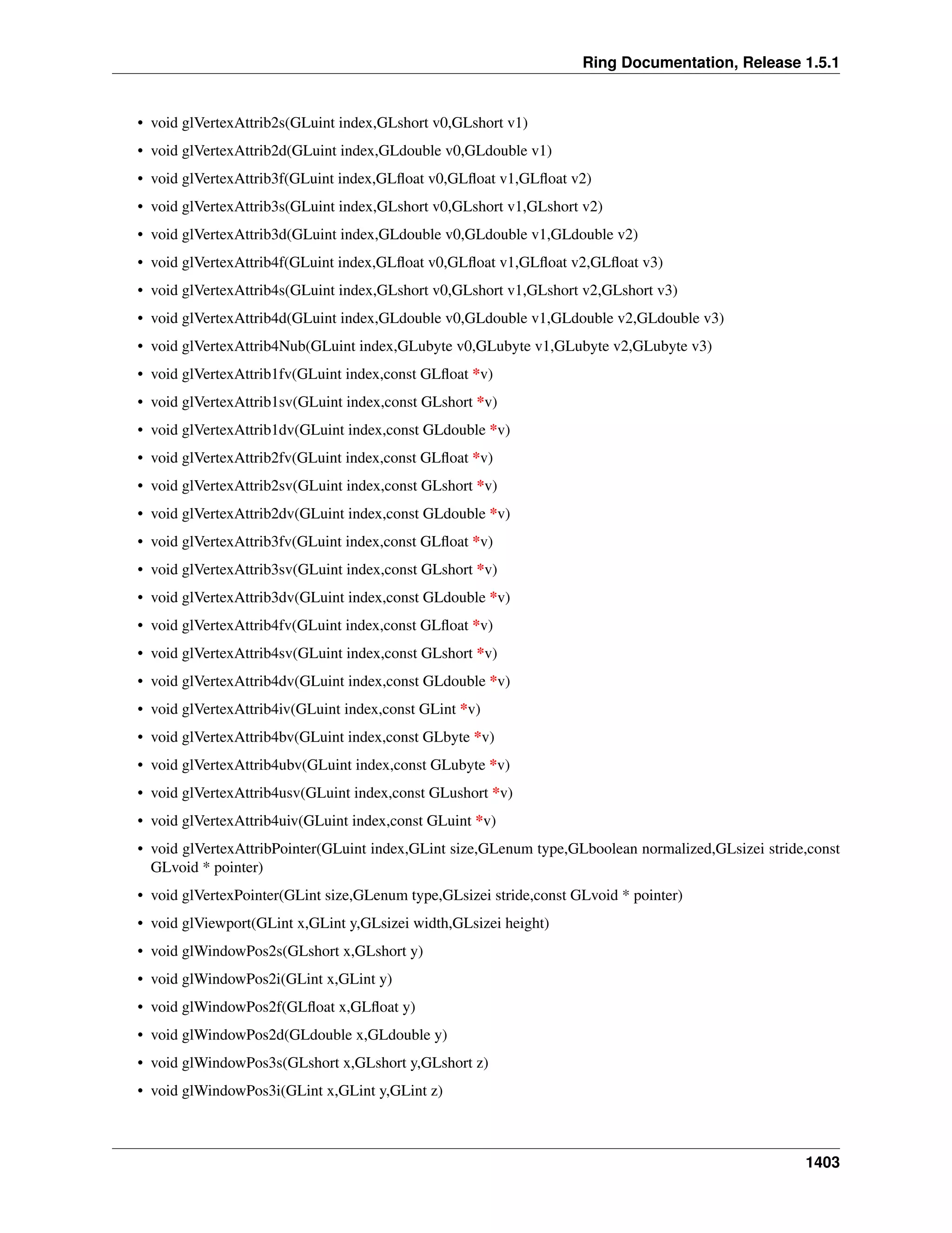 Ring Documentation, Release 1.5.1
• void glVertexAttrib2s(GLuint index,GLshort v0,GLshort v1)
• void glVertexAttrib2d(GLuint index,GLdouble v0,GLdouble v1)
• void glVertexAttrib3f(GLuint index,GLﬂoat v0,GLﬂoat v1,GLﬂoat v2)
• void glVertexAttrib3s(GLuint index,GLshort v0,GLshort v1,GLshort v2)
• void glVertexAttrib3d(GLuint index,GLdouble v0,GLdouble v1,GLdouble v2)
• void glVertexAttrib4f(GLuint index,GLﬂoat v0,GLﬂoat v1,GLﬂoat v2,GLﬂoat v3)
• void glVertexAttrib4s(GLuint index,GLshort v0,GLshort v1,GLshort v2,GLshort v3)
• void glVertexAttrib4d(GLuint index,GLdouble v0,GLdouble v1,GLdouble v2,GLdouble v3)
• void glVertexAttrib4Nub(GLuint index,GLubyte v0,GLubyte v1,GLubyte v2,GLubyte v3)
• void glVertexAttrib1fv(GLuint index,const GLﬂoat *v)
• void glVertexAttrib1sv(GLuint index,const GLshort *v)
• void glVertexAttrib1dv(GLuint index,const GLdouble *v)
• void glVertexAttrib2fv(GLuint index,const GLﬂoat *v)
• void glVertexAttrib2sv(GLuint index,const GLshort *v)
• void glVertexAttrib2dv(GLuint index,const GLdouble *v)
• void glVertexAttrib3fv(GLuint index,const GLﬂoat *v)
• void glVertexAttrib3sv(GLuint index,const GLshort *v)
• void glVertexAttrib3dv(GLuint index,const GLdouble *v)
• void glVertexAttrib4fv(GLuint index,const GLﬂoat *v)
• void glVertexAttrib4sv(GLuint index,const GLshort *v)
• void glVertexAttrib4dv(GLuint index,const GLdouble *v)
• void glVertexAttrib4iv(GLuint index,const GLint *v)
• void glVertexAttrib4bv(GLuint index,const GLbyte *v)
• void glVertexAttrib4ubv(GLuint index,const GLubyte *v)
• void glVertexAttrib4usv(GLuint index,const GLushort *v)
• void glVertexAttrib4uiv(GLuint index,const GLuint *v)
• void glVertexAttribPointer(GLuint index,GLint size,GLenum type,GLboolean normalized,GLsizei stride,const
GLvoid * pointer)
• void glVertexPointer(GLint size,GLenum type,GLsizei stride,const GLvoid * pointer)
• void glViewport(GLint x,GLint y,GLsizei width,GLsizei height)
• void glWindowPos2s(GLshort x,GLshort y)
• void glWindowPos2i(GLint x,GLint y)
• void glWindowPos2f(GLﬂoat x,GLﬂoat y)
• void glWindowPos2d(GLdouble x,GLdouble y)
• void glWindowPos3s(GLshort x,GLshort y,GLshort z)
• void glWindowPos3i(GLint x,GLint y,GLint z)
1403
 