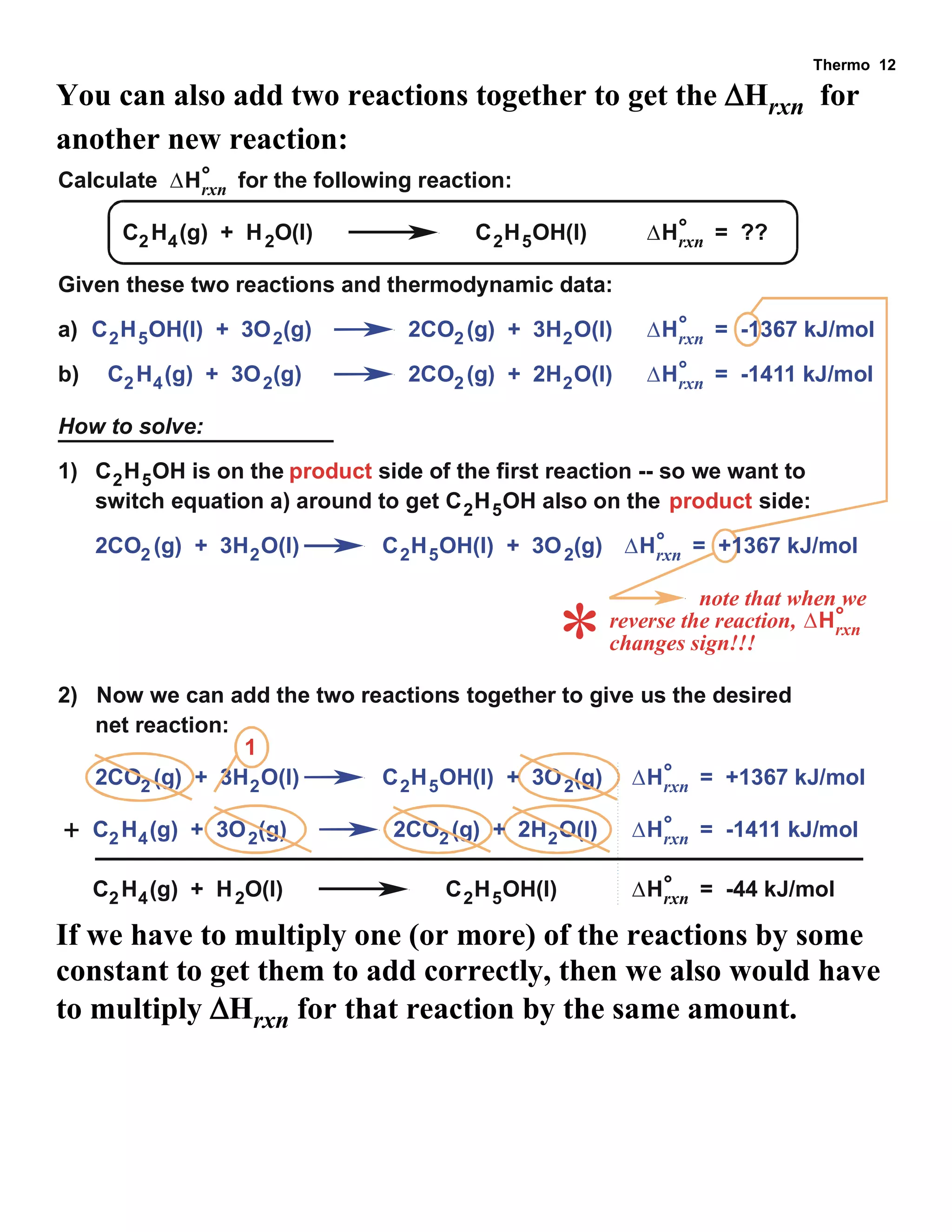 Thermo 12 
You can also add two reactions together to get the Hrxn for 
another new reaction: 
C H (g) + H O(l) C H OH(l) 2 4 2 2 5 
2 5 
C H (g) + 3O (g) 2 4 2 
Given these two reactions and thermodynamic data: 
Calculate  H for the following reaction: rxn 
° 
H = -1367 kJ/mol rxn 
° 
H = -1411 kJ/mol rxn 
° 
C H OH(l) + 3O (g) 2 2CO (g) + 3H O(l) 2 2 
2CO (g) + 2H O(l) 2 2 
H = ?? rxn 
° 
1) C H OH is on the 2 5 product side of the first reaction -- so we want to 
a) 
b) 
switch equation a) around to get C H OH also on the 2 5 product side: 
2 5 H = +1367 kJ/mol rxn 
C H OH(l) + 3O (g) ° 2 2CO (g) + 3H O(l) 2 2 
How to solve: 
note that when we 
reverse the reaction, Hrxn 
° 
*changes sign!!! 
2) Now we can add the two reactions together to give us the desired 
net reaction: 
2 5 H = +1367 kJ/mol rxn 
C H OH(l) + 3O (g) ° 2 2CO (g) + 3H O(l) 2 2 
C H (g) + 3O (g) 2 4 2 H = -1411 kJ/mol rxn 
2CO (g) + 2H O(l) ° 2 2 
C H (g) + H O(l) C H OH(l) 2 4 2 2 5 H = -44 kJ/mol rxn 
° 
1 
+ 
If we have to multiply one (or more) of the reactions by some 
constant to get them to add correctly, then we also would have 
to multiply Hrxn for that reaction by the same amount. 
 