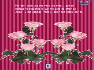 Por eso, cada vez que veas una rosa … que su  belleza te recuerde el sublime acto de amor de Jesús, y sus espinas, todo el dolor que sufrió por ti.  