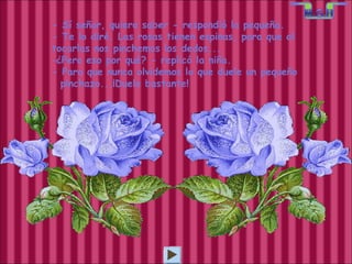 - Sí señor, quiero saber - respondió la pequeña. - Te lo diré. Las rosas tienen espinas, para que al tocarlas nos pinchemos los dedos... ¿Pero eso por qué? - replicó la niña. - Para que nunca olvidemos lo que duele un pequeño  pinchazo...¡Duele bastante! 