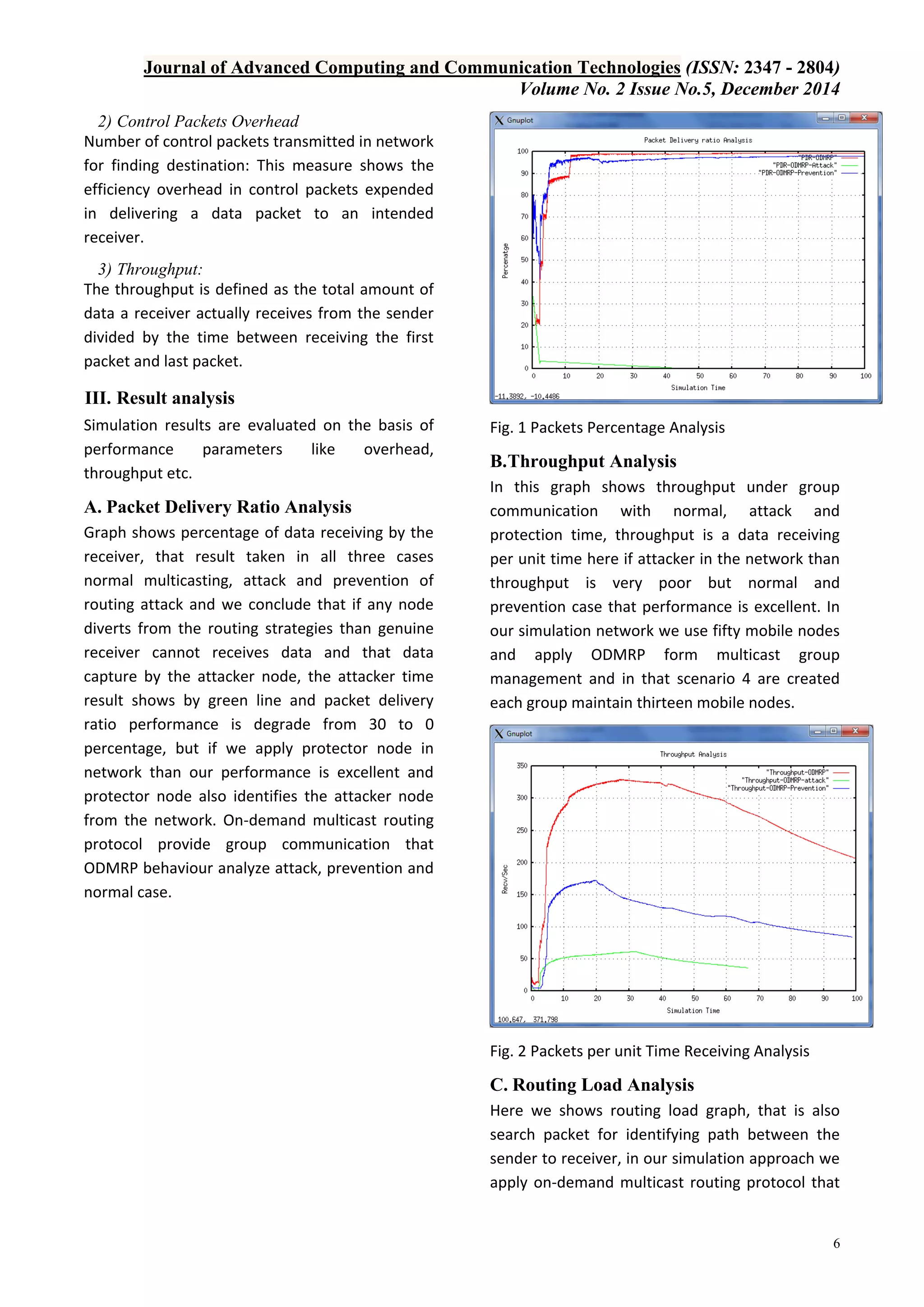 Journal of Advanced Computing and Communication Technologies (ISSN: 2347 - 2804)
Volume No. 2 Issue No.5, December 2014
6
2) Control Packets Overhead
Number of control packets transmitted in network
for finding destination: This measure shows the
efficiency overhead in control packets expended
in delivering a data packet to an intended
receiver.
3) Throughput:
The throughput is defined as the total amount of
data a receiver actually receives from the sender
divided by the time between receiving the first
packet and last packet.
III. Result analysis
Simulation results are evaluated on the basis of
performance parameters like overhead,
throughput etc.
A. Packet Delivery Ratio Analysis
Graph shows percentage of data receiving by the
receiver, that result taken in all three cases
normal multicasting, attack and prevention of
routing attack and we conclude that if any node
diverts from the routing strategies than genuine
receiver cannot receives data and that data
capture by the attacker node, the attacker time
result shows by green line and packet delivery
ratio performance is degrade from 30 to 0
percentage, but if we apply protector node in
network than our performance is excellent and
protector node also identifies the attacker node
from the network. On-demand multicast routing
protocol provide group communication that
ODMRP behaviour analyze attack, prevention and
normal case.
Fig. 1 Packets Percentage Analysis
B.Throughput Analysis
In this graph shows throughput under group
communication with normal, attack and
protection time, throughput is a data receiving
per unit time here if attacker in the network than
throughput is very poor but normal and
prevention case that performance is excellent. In
our simulation network we use fifty mobile nodes
and apply ODMRP form multicast group
management and in that scenario 4 are created
each group maintain thirteen mobile nodes.
Fig. 2 Packets per unit Time Receiving Analysis
C. Routing Load Analysis
Here we shows routing load graph, that is also
search packet for identifying path between the
sender to receiver, in our simulation approach we
apply on-demand multicast routing protocol that
 