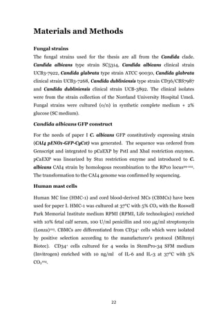 22
Materials and Methods
Fungal strains
The fungal strains used for the thesis are all from the Candida clade.
Candida albicans type strain SC5314, Candida albicans clinical strain
UCB3-7922, Candida glabrata type strain ATCC 90030, Candida glabrata
clinical strain UCB3-7268, Candida dubliniensis type strain CD36/CBS7987
and Candida dubliniensis clinical strain UCB-3892. The clinical isolates
were from the strain collection of the Norrland University Hospital Umeå.
Fungal strains were cultured (o/n) in synthetic complete medium + 2%
glucose (SC medium).
Candida albicans GFP construct
For the needs of paper I C. albicans GFP constitutively expressing strain
(CAI4 pENO1-GFP-CyC1t) was generated. The sequence was ordered from
Genscript and integrated to pCaEXP by PstI and XbaI restriction enzymes.
pCaEXP was linearized by Stu1 restriction enzyme and introduced to C.
albicans CAI4 strain by homologous recombination to the RP10 locus99-102.
The transformation to the CAI4 genome was confirmed by sequencing.
Human mast cells
Human MC line (HMC-1) and cord blood-derived MCs (CBMCs) have been
used for paper I. HMC-1 was cultured at 37°C with 5% CO2 with the Roswell
Park Memorial Institute medium RPMI (RPMI, Life technologies) enriched
with 10% fetal calf serum, 100 U/ml penicillin and 100 μg/ml streptomycin
(Lonza)103. CBMCs are differentiated from CD34+ cells which were isolated
by positive selection according to the manufacturer’s protocol (Miltenyi
Biotec). CD34+ cells cultured for 4 weeks in StemPro-34 SFM medium
(Invitrogen) enriched with 10 ng/ml of IL-6 and IL-3 at 37°C with 5%
CO2
104.
 