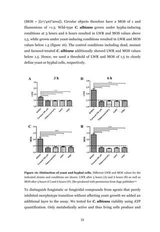 32
(MOS = [(c2/4π)*area]). Circular objects therefore have a MOS of 1 and
filamentous of >1.5. Wild-type C. albicans grown under hypha-inducing
conditions at 3 hours and 6 hours resulted in LWR and MOS values above
1,5, while grown under yeast-inducing conditions resulted in LWR and MOS
values below 1.5 (figure 16). The control conditions including dead, mutant
and farnesol-treated C. albicans additionally showed LWR and MOS values
below 1.5. Hence, we used a threshold of LWR and MOS of 1.5 to clearly
define yeast or hyphal cells, respectively.
Figure 16: Distinction of yeast and hyphal cells. Different LWR and MOS values for the
indicated strains and conditions are shown. LWR after 3 hours (A) and 6 hours (B) as well as
MOS after 3 hours (C) and 6 hours (D). [Re-produced with permission from Sage publisher113
To distinguish fungistatic or fungicidal compounds from agents that purely
inhibited morphotype transition without affecting yeast growth we added an
additional layer to the assay. We tested for C. albicans viability using ATP
quantification. Only metabolically active and thus living cells produce and
 