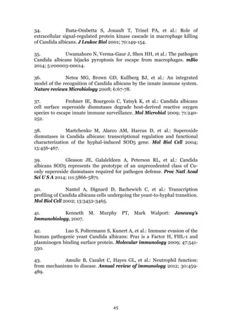 45
34. Ibata-Ombetta S, Jouault T, Trinel PA, et al.: Role of
extracellular signal-regulated protein kinase cascade in macrophage killing
of Candida albicans. J Leukoc Biol 2001; 70:149-154.
35. Uwamahoro N, Verma-Gaur J, Shen HH, et al.: The pathogen
Candida albicans hijacks pyroptosis for escape from macrophages. mBio
2014; 5:e00003-00014.
36. Netea MG, Brown GD, Kullberg BJ, et al.: An integrated
model of the recognition of Candida albicans by the innate immune system.
Nature reviews Microbiology 2008; 6:67-78.
37. Frohner IE, Bourgeois C, Yatsyk K, et al.: Candida albicans
cell surface superoxide dismutases degrade host-derived reactive oxygen
species to escape innate immune surveillance. Mol Microbiol 2009; 71:240-
252.
38. Martchenko M, Alarco AM, Harcus D, et al.: Superoxide
dismutases in Candida albicans: transcriptional regulation and functional
characterization of the hyphal-induced SOD5 gene. Mol Biol Cell 2004;
15:456-467.
39. Gleason JE, Galaleldeen A, Peterson RL, et al.: Candida
albicans SOD5 represents the prototype of an unprecedented class of Cu-
only superoxide dismutases required for pathogen defense. Proc Natl Acad
Sci U S A 2014; 111:5866-5871.
40. Nantel A, Dignard D, Bachewich C, et al.: Transcription
profiling of Candida albicans cells undergoing the yeast-to-hyphal transition.
Mol Biol Cell 2002; 13:3452-3465.
41. Kenneth M. Murphy PT, Mark Walport: Janeway's
Immunobiology, 2007.
42. Luo S, Poltermann S, Kunert A, et al.: Immune evasion of the
human pathogenic yeast Candida albicans: Pra1 is a Factor H, FHL-1 and
plasminogen binding surface protein. Molecular immunology 2009; 47:541-
550.
43. Amulic B, Cazalet C, Hayes GL, et al.: Neutrophil function:
from mechanisms to disease. Annual review of immunology 2012; 30:459-
489.
 