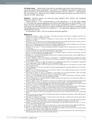 www.nature.com/scientificreports/
12Scientific Reports | 5:12287 | DOI: 10.1038/srep12287
Cell death assay.  Cellular death of mast cells was quantified using a Sytox Green-based assay as pre-
viously described for human neutrophils32
. Mast cells (5 ×  104
cells/well) were seeded in a black 96-well
plate in the presence of 2.5 μ M Sytox Green and infected with C. albicans - MOI 0.1, 1- or left untreated.
The same amount of C. albicans served as viability control whereas triton-lysed mast cells served as a
reference for 100% cellular death.
Statistics.  Statistical analysis was performed using GraphPad Prism Software 6.01 (GraphPad
Software, La Jolla, CA, USA).
Cytokine profile n =  3 (3), β –hexosaminidase n =  4 (4), chemotaxis n =  5 (3) and fungal viability
n =  3 (6) results were analysed applying one-way ANOVA with Tukey’s post-test. ELISA results n =  2 (3),
30 min end-point chemotaxis quantification and microscopic quantification of MCETs n =  6 were ana-
lysed using t-test with Welsh correction to compare uninfected control and infection conditions in the
corresponding time point. Cell death were analysed as n =  4 (5) experiments applying two-way ANOVA
with Bonferroni’s post-test.
For all analyses p-values <  0.05 was considered statistically significant.
References
1.	 Mikulska, M., Del Bono, V., Ratto, S. & Viscoli, C. Occurrence, presentation and treatment of candidemia. Expert Rev Clin
Immunol 8, 755–765, doi: 10.1586/eci.12.52 (2012).
2.	 Patterson, T. F. Advances and challenges in management of invasive mycoses. Lancet 366, 1013–1025, doi: 10.1016/S0140-
6736(05)67381-3 (2005).
3.	 Montravers, P. et al. A multicentre study of antifungal strategies and outcome of Candida spp. peritonitis in intensive-care units.
Clin Microbiol Infect 17, 1061–1067, doi: 10.1111/j.1469-0691.2010.03360.x (2011).
4.	 Bassetti, M. et al. Epidemiology, species distribution, antifungal susceptibility, and outcome of candidemia across five sites in
Italy and Spain. J Clin Microbiol 51, 4167–4172, doi: 10.1128/JCM.01998-13 (2013).
5.	 Abraham, S. N. & St John, A. L. Mast cell-orchestrated immunity to pathogens. Nat Rev Immunol 10, 440–452, doi: 10.1038/
nri2782 (2010).
6.	 von Kockritz-Blickwede, M. et al. Phagocytosis-independent antimicrobial activity of mast cells by means of extracellular trap
formation. Blood 111, 3070–3080, doi: 10.1182/blood-2007-07-104018 (2008).
7.	 Cruse, G. et al. Human lung mast cells mediate pneumococcal cell death in response to activation by pneumolysin. J Immunol
184, 7108–7115, doi: 10.4049/jimmunol.0900802 (2010).
8.	 Rodriguez, A. R. et al. Mast cell TLR2 signaling is crucial for effective killing of Francisella tularensis. J Immunol 188, 5604–5611,
doi: 10.4049/jimmunol.1200039 (2012).
9.	 Selander, C., Engblom, C., Nilsson, G., Scheynius, A. & Andersson, C. L. TLR2/MyD88-dependent and -independent activation
of mast cell IgE responses by the skin commensal yeast Malassezia sympodialis. J Immunol 182, 4208–4216, doi: 10.4049/
jimmunol.0800885 (2009).
10.	 Urb, M., Pouliot, P., Gravelat, F. N., Olivier, M. & Sheppard, D. C. Aspergillus fumigatus induces immunoglobulin E-independent
mast cell degranulation. J Infect Dis 200, 464–472, doi: 10.1086/600070 (2009).
11.	 Saluja, R., Metz, M. & Maurer, M. Role and relevance of mast cells in fungal infections. Front Immunol 3, 146, doi: 10.3389/
fimmu.2012.00146 (2012).
12.	 Urb, M. & Sheppard, D. C. The role of mast cells in the defence against pathogens. PLoS Pathog 8, e1002619, doi: 10.1371/journal.
ppat.1002619 (2012).
13.	 Supajatura, V. et al. Differential responses of mast cell Toll-like receptors 2 and 4 in allergy and innate immunity. J Clin Invest
109, 1351–1359, doi: 10.1172/JCI14704 (2002).
14.	 Scheb-Wetzel, M., Rohde, M., Bravo, A. & Goldmann, O. New Insights into the Antimicrobial Effect of Mast Cells against
Enterococcus faecalis. Infect Immun 82, 4496–4507, doi: 10.1128/IAI.02114-14 (2014).
15.	 Carlos, D. et al. TLR2-dependent mast cell activation contributes to the control of Mycobacterium tuberculosis infection.
Microbes Infect 11, 770–778, doi: 10.1016/j.micinf.2009.04.025 (2009).
16.	 Inoue, M. & Shinohara, M. L. Clustering of pattern recognition receptors for fungal detection. PLoS Pathog 10, e1003873, doi:
10.1371/journal.ppat.1003873 (2014).
17.	 Shoham, S., Huang, C., Chen, J. M., Golenbock, D. T. & Levitz, S. M. Toll-like receptor 4 mediates intracellular signaling without
TNF-alpha release in response to Cryptococcus neoformans polysaccharide capsule. J Immunol 166, 4620–4626 (2001).
18.	 Kimura, Y. et al. Dectin-1-mediated signaling leads to characteristic gene expressions and cytokine secretion via spleen tyrosine
kinase (Syk) in rat mast cells. J Biol Chem 289, 31565–31575, doi: 10.1074/jbc.M114.581322 (2014).
19.	 Olynych, T. J., Jakeman, D. L. & Marshall, J. S. Fungal zymosan induces leukotriene production by human mast cells through a
dectin-1-dependent mechanism. J Allergy Clin Immunol 118, 837–843, doi: 10.1016/j.jaci.2006.06.008 (2006).
20.	 Yang, Z. & Marshall, J. S. Zymosan treatment of mouse mast cells enhances dectin-1 expression and induces dectin-1-dependent
reactive oxygen species (ROS) generation. Immunobiology 214, 321–330, doi: 10.1016/j.imbio.2008.09.002 (2009).
21.	 Wernersson, S. & Pejler, G. Mast cell secretory granules: armed for battle. Nat Rev Immunol 14, 478–494, doi: 10.1038/nri3690
(2014).
22.	 Maurer, M. et al. Skin mast cells control T cell-dependent host defense in Leishmania major infections. FASEB J 20, 2460–2467,
doi: 10.1096/fj.06-5860com (2006).
23.	 Echtenacher, B., Mannel, D. N. & Hultner, L. Critical protective role of mast cells in a model of acute septic peritonitis. Nature
381, 75–77, doi: 10.1038/381075a0 (1996).
24.	 Fukuishi, N. et al. Does beta-Hexosaminidase Function Only as a Degranulation Indicator in Mast Cells? The Primary Role of
beta-Hexosaminidase in Mast Cell Granules. J Immunol 193, 1886–1894, doi: 10.4049/jimmunol.1302520 (2014).
25.	 Caughey, G. H. Mast cell tryptases and chymases in inflammation and host defense. Immunol Rev 217, 141–154, doi:
10.1111/j.1600-065X.2007.00509.x (2007).
26.	 Oh, S. W. et al. Tryptase inhibition blocks airway inflammation in a mouse asthma model. J Immunol 168, 1992–2000 (2002).
27.	 Marshall, J. S. Mast-cell responses to pathogens. Nat Rev Immunol 4, 787–799, doi: 10.1038/nri1460 (2004).
28.	 Shin, K. et al. Mouse mast cell tryptase mMCP-6 is a critical link between adaptive and innate immunity in the chronic phase
of Trichinella spiralis infection. J Immunol 180, 4885–4891 (2008).
29.	 Thakurdas, S. M. et al. The mast cell-restricted tryptase mMCP-6 has a critical immunoprotective role in bacterial infections. J
Biol Chem 282, 20809–20815, doi: 10.1074/jbc.M611842200 (2007).
 