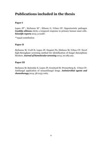 iii
Publications included in the thesis
Paper I
Lopes JP**, Stylianou M**, Nilsson G, Urban CF: Opportunistic pathogen
Candida albicans elicits a temporal response in primary human mast cells.
Scientific reports 2015; 5:12287.
**equal contribution
Paper II
Stylianou M, Uvell H, Lopes JP, Enquist PA, Elofsson M, Urban CF: Novel
high-throughput screening method for identification of fungal dimorphism
blockers. Journal of biomolecular screening 2015; 20:285-291.
Paper III
Stylianou M, Kulesskiy E, Lopes JP, Granlund M, Wennerberg K, Urban CF:
Antifungal application of nonantifungal drugs. Antimicrobial agents and
chemotherapy 2014; 58:1055-1062.
 