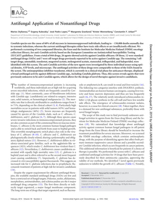 Antifungal Application of Nonantifungal Drugs
Marios Stylianou,a,b
Evgeny Kulesskiy,c
José Pedro Lopes,a,b
Margareta Granlund,a
Krister Wennerberg,c
Constantin F. Urbana,b
Department of Clinical Microbiology, Umeå University, Umeå, Swedena
; Laboratory for Molecular Infection Medicine, Sweden (MIMS), and Umeå Centre for Microbial
Research, Umeå University, Umeå, Swedenb
; Institute for Molecular Medicine Finland (FIMM), University of Helsinki, Helsinki, Finlandc
Candida species are the cause of 60% of all mycoses in immunosuppressed individuals, leading to ϳ150,000 deaths annually due
to systemic infections, whereas the current antifungal therapies either have toxic side effects or are insufﬁciently efﬁcient. We
performed a screening of two compound libraries, the Enzo and the Institute for Molecular Medicine Finland (FIMM) oncology
collection library, for anti-Candida activity based on the European Committee on Antimicrobial Susceptibility Testing
(EUCAST) guidelines. From a total of 844 drugs, 26 agents showed activity against Candida albicans. Of those, 12 were standard
antifungal drugs (SADs) and 7 were off-target drugs previously reported to be active against Candida spp. The remaining 7 off-
target drugs, amonaﬁde, tosedostat, megestrol acetate, melengestrol acetate, stanozolol, triﬂuperidol, and haloperidol, were
identiﬁed with this screen. The anti-Candida activities of the new agents were investigated by three individual assays using opti-
cal density, ATP levels, and microscopy. The antifungal activities of these drugs were comparable to those of the SADs found in
the screen. The aminopeptidase inhibitor tosedostat, which is currently in a clinical trial phase for anticancer therapy, displayed
a broad antifungal activity against different Candida spp., including Candida glabrata. Thus, this screen reveals agents that were
previously unknown to be anti-Candida agents, which allows for the design of novel therapies against invasive candidiasis.
The number of immunocompromised patients is increasing
worldwide, and these individuals are at high risk for acquiring
severe microbial infections, which are frequently caused by Can-
dida spp. (1). Most commonly, cases of bloodstream infections
with Candida spp. (candidemia) are related to surgery, intensive
care, solid tumors, or hematological malignancies (2). The mor-
tality rate that is directly attributable to candidemia ranges from 5
to 71%, depending on the clinical cohort (3, 4). Particularly high
mortalities occur in patients with solid tumors (65%) and hema-
tologic malignancies (46%) (5). Severe mycoses are frequently
caused by species of the Candida clade, such as C. albicans, C.
dubliniensis, and C. glabrata (6, 7). Although these species cause
severe invasive infections in immunocompromised persons, they
are also common as part of the commensal ﬂora on mucous mem-
branes. C. albicans is the most common human fungal pathogen
and is able to switch back and forth from yeast to hyphal growth.
This revertible morphogenetic switch plays a key role in the viru-
lence of C. albicans (8–10). C. albicans and C. dubliniensis are
phylogenetically closely related, sharing a polymorphic and oblig-
atory diploid nature (11). However, C. dubliniensis differs in vir-
ulence-associated gene families, such as the agglutinin-like se-
quences (ALS), which render C. dubliniensis less virulent than C.
albicans (12). Nevertheless, C. dubliniensis causes candidemia as-
sociated with equally high mortality rates (13). C. glabrata is a
haploid yeast and is often referred to as the second most frequent
yeast causing candidemia (7). Importantly, C. glabrata has de-
creased in vitro susceptibility against ﬂuconazole. This suggests an
increased risk for C. glabrata infections due to prophylactic ﬂu-
conazole treatment of patients at high risk for invasive candidiasis
(14).
Despite the urgent requirement for efﬁcient antifungal thera-
pies, the available standard antifungal drugs (SADs) are few and
have a restricted set of fungal targets. Polyenes, azoles, allylamines,
morpholines, antimetabolites, and echinocandins are the 6 major
antifungal drug categories (15). The ﬁrst three directly or indi-
rectly target ergosterol, a major fungal membrane component.
The long-term use of drugs that target ergosterol, such as ﬂucona-
zole or amphotericin B, can result in renal and liver toxicity (16).
The following two categories interfere with DNA/RNA synthesis.
Antimetabolites are known human carcinogens, causing liver tox-
icity and bone marrow depression and thus are less frequently
used (16, 17). The relatively newly introduced echinocandins in-
hibit 1,3-␤-glucan synthesis in the cell wall and have few notable
side effects. The emergence of echinocandin-resistant isolates,
however, is a cause for clinical concern (18). Taken together, there
is a demand for new antifungal substances, preferably those with
novel fungal targets.
The scope of this study was to ﬁnd previously unknown anti-
fungal activities in agents from the Enzo drug library and the In-
stitute for Molecular Medicine Finland (FIMM) oncology collec-
tion (19). We rationalized that knowledge about antifungal
activity against common human fungal pathogens in off-patent
drugs from the Enzo library should be beneﬁcial to increase the
treatment possibilities for severe mycoses. Moreover, we screened
the FIMM oncology collection, which contains antineoplastic
drugs, with the purpose of identifying agents that affect both pri-
mary immune-suppressive cancer disease and a possible second-
ary Candida infection, which occurs frequently in cancer patients.
This additional information is beneﬁcial for patients if a choice of
therapy is possible. We performed the screen with C. albicans and
conﬁrmed antifungal activities for 19 drugs that have been previ-
ously described for their antimycotic capacities, approving the
validity of our methods. We identiﬁed 7 novel agents previously
unknown to inhibit the growth of C. albicans (Table 1). Notably,
Received 21 May 2013 Returned for modiﬁcation 12 July 2013
Accepted 22 November 2013
Published ahead of print 25 November 2013
Address correspondence to Constantin F. Urban, constantin.urban@mims.umu.se.
Copyright © 2014, American Society for Microbiology. All Rights Reserved.
doi:10.1128/AAC.01087-13
February 2014 Volume 58 Number 2 Antimicrobial Agents and Chemotherapy p. 1055–1062 aac.asm.org 1055
onAugust21,2015byUMEAUNIVERSITYLIBRARYhttp://aac.asm.org/Downloadedfrom
 