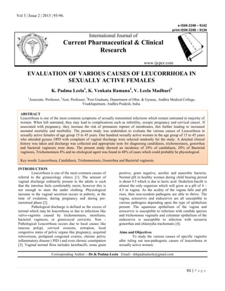 Vol 3 | Issue 2 | 2013 | 93-96.
93 | P a g e
e-ISSN 2248 – 9142
print-ISSN 2248 – 9134
International Journal of
Current Pharmaceutical & Clinical
Research
www.ijcpcr.com
EVALUATION OF VARIOUS CAUSES OF LEUCORRHOEA IN
SEXUALLY ACTIVE FEMALES
K. Padma Leela1
, K. Venkata Ramana2
, V. Leela Madhuri3
1
Associate. Professor, 2
Asst. Professor, 3
Post Graduate, Department of Obst. & Gyneac, Andhra Medical College,
Visakhapatnam, Andhra Pradesh, India.
INTRODUCTION
Leucorrhoea is one of the most common causes of
referral to the gynaecology clinics [1]. The amount of
vaginal discharge ordinarily present in the adults is such
that the introitus feels comfortably moist, however this is
not enough to stain the under clothing. Physiological
increase in the vaginal secretion occurs in puberty, at the
time of ovulation, during pregnancy and during pre-
menstrual phase [2].
Pathological discharge is defined as the excess of
normal which may be leucorrhoea or due to infections like
vulvo-vaginitis caused by trichomoniasis, moniliasis,
bacterial vaginosis, or gonococcal cervicitis. Non –
Pathological Leucorrhoea occurs due to local causes like
mucous polypi, cervical erosions, ectropion, local
congestive states of pelvic organs like pregnancy, acquired
retroversion, prolapsed congested ovaries, chronic pelvic
inflammatory disease ( PID ) and even chronic constipation
[3]. Vaginal normal flora includes lactobacilli, some gram
positive, gram negative, aerobic and anaerobic bacteria.
Normal pH in healthy women during child bearing period
is about 4.5 which is due to lactic acid. Doderlein bacilli is
almost the only organism which will grow at a pH of 4 –
4.5 in vagina. As the acidity of the vagina falls and pH
rises, then non-resident pathogens are able to thrive. The
vagina, ectocervix and endocervix are all susceptible to
various pathogens depending upon the type of epithelium
present. The squamous epithelium of the vagina and
ectocervix is susceptible to infection with candida species
and trichomonas vaginalis and columnar epithelium of the
endocervix is susceptible to infection with neisseria
gonorrhea and chlamydia trachomatis [4].
Aims and Objectives
To study the various causes of specific vaginitis
after ruling out non-pathogenic causes of leucorrhoea in
sexually active women.
Corresponding Author :- Dr.K Padma Leela Email:- drkpadmaleela@gmail.com
ABSTRACT
Leucorrhoea is one of the most common symptoms of sexually transmitted infections which remain untreated in majority of
women. When left untreated, they may lead to complications such as infertility, ectopic pregnancy and cervical cancer. If
associated with pregnancy, they increase the risk of premature rupture of membranes, this further leading to increased
neonatal mortality and morbidity. The present study was undertaken to evaluate the various causes of Leucorrhoea in
sexually active females of age group 15 to 45 years. One hundred sexually active women in the age group of 15 to 45 years
who attended gynaec OPD with complaint of vaginal discharge were selected randomly for the study. A detailed clinical
history was taken and discharge was collected and appropriate tests for diagnosing candidiasis, trichomoniasis, gonorrhea
and bacterial vaginosis were done. The present study showed an incidence of 24% of candidiasis, 20% of Bacterial
vaginosis, Trichomoniasis 8% and no etiological agent was found in 48% of cases which could probably be physiological.
Key words: Leucorrhoea, Candidiasis, Trichomoniasis, Gonorrhea and Bacterial vaginosis.
 