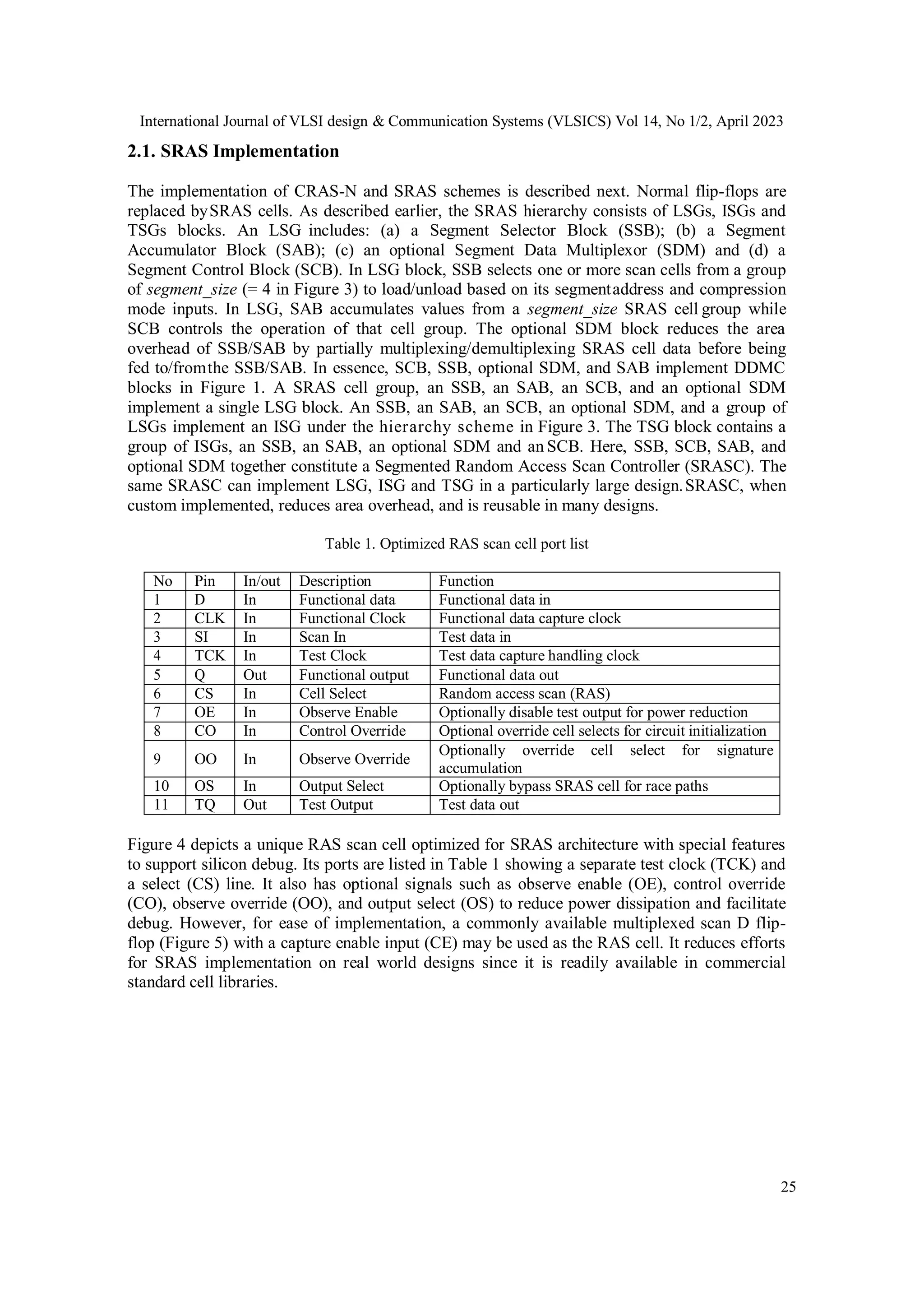International Journal of VLSI design & Communication Systems (VLSICS) Vol 14, No 1/2, April 2023 25 2.1. SRAS Implementation The implementation of CRAS-N and SRAS schemes is described next. Normal flip-flops are replaced bySRAS cells. As described earlier, the SRAS hierarchy consists of LSGs, ISGs and TSGs blocks. An LSG includes: (a) a Segment Selector Block (SSB); (b) a Segment Accumulator Block (SAB); (c) an optional Segment Data Multiplexor (SDM) and (d) a Segment Control Block (SCB). In LSG block, SSB selects one or more scan cells from a group of segment_size (= 4 in Figure 3) to load/unload based on its segmentaddress and compression mode inputs. In LSG, SAB accumulates values from a segment_size SRAS cell group while SCB controls the operation of that cell group. The optional SDM block reduces the area overhead of SSB/SAB by partially multiplexing/demultiplexing SRAS cell data before being fed to/fromthe SSB/SAB. In essence, SCB, SSB, optional SDM, and SAB implement DDMC blocks in Figure 1. A SRAS cell group, an SSB, an SAB, an SCB, and an optional SDM implement a single LSG block. An SSB, an SAB, an SCB, an optional SDM, and a group of LSGs implement an ISG under the hierarchy scheme in Figure 3. The TSG block contains a group of ISGs, an SSB, an SAB, an optional SDM and an SCB. Here, SSB, SCB, SAB, and optional SDM together constitute a Segmented Random Access Scan Controller (SRASC). The same SRASC can implement LSG, ISG and TSG in a particularly large design.SRASC, when custom implemented, reduces area overhead, and is reusable in many designs. Table 1. Optimized RAS scan cell port list No Pin In/out Description Function 1 D In Functional data Functional data in 2 CLK In Functional Clock Functional data capture clock 3 SI In Scan In Test data in 4 TCK In Test Clock Test data capture handling clock 5 Q Out Functional output Functional data out 6 CS In Cell Select Random access scan (RAS) 7 OE In Observe Enable Optionally disable test output for power reduction 8 CO In Control Override Optional override cell selects for circuit initialization 9 OO In Observe Override Optionally override cell select for signature accumulation 10 OS In Output Select Optionally bypass SRAS cell for race paths 11 TQ Out Test Output Test data out Figure 4 depicts a unique RAS scan cell optimized for SRAS architecture with special features to support silicon debug. Its ports are listed in Table 1 showing a separate test clock (TCK) and a select (CS) line. It also has optional signals such as observe enable (OE), control override (CO), observe override (OO), and output select (OS) to reduce power dissipation and facilitate debug. However, for ease of implementation, a commonly available multiplexed scan D flip- flop (Figure 5) with a capture enable input (CE) may be used as the RAS cell. It reduces efforts for SRAS implementation on real world designs since it is readily available in commercial standard cell libraries. 