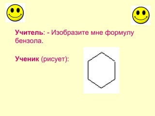 Учитель: - Изобразите мне формулу
бензола.
Ученик (рисует):
 
