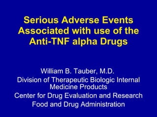 Serious Adverse Events Associated with use of the Anti-TNF alpha Drugs William B. Tauber, M.D.  Division of Therapeutic Biologic Internal Medicine Products Center for Drug Evaluation and Research Food and Drug Administration 
