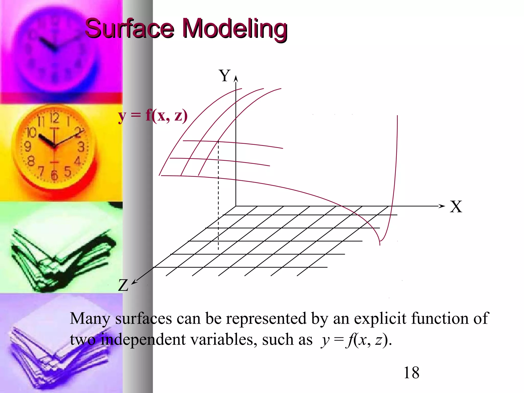 18
Z
X
Y
y = f(x, z)
Surface ModelingSurface Modeling
Many surfaces can be represented by an explicit function of
two independent variables, such as y = f(x, z).
 