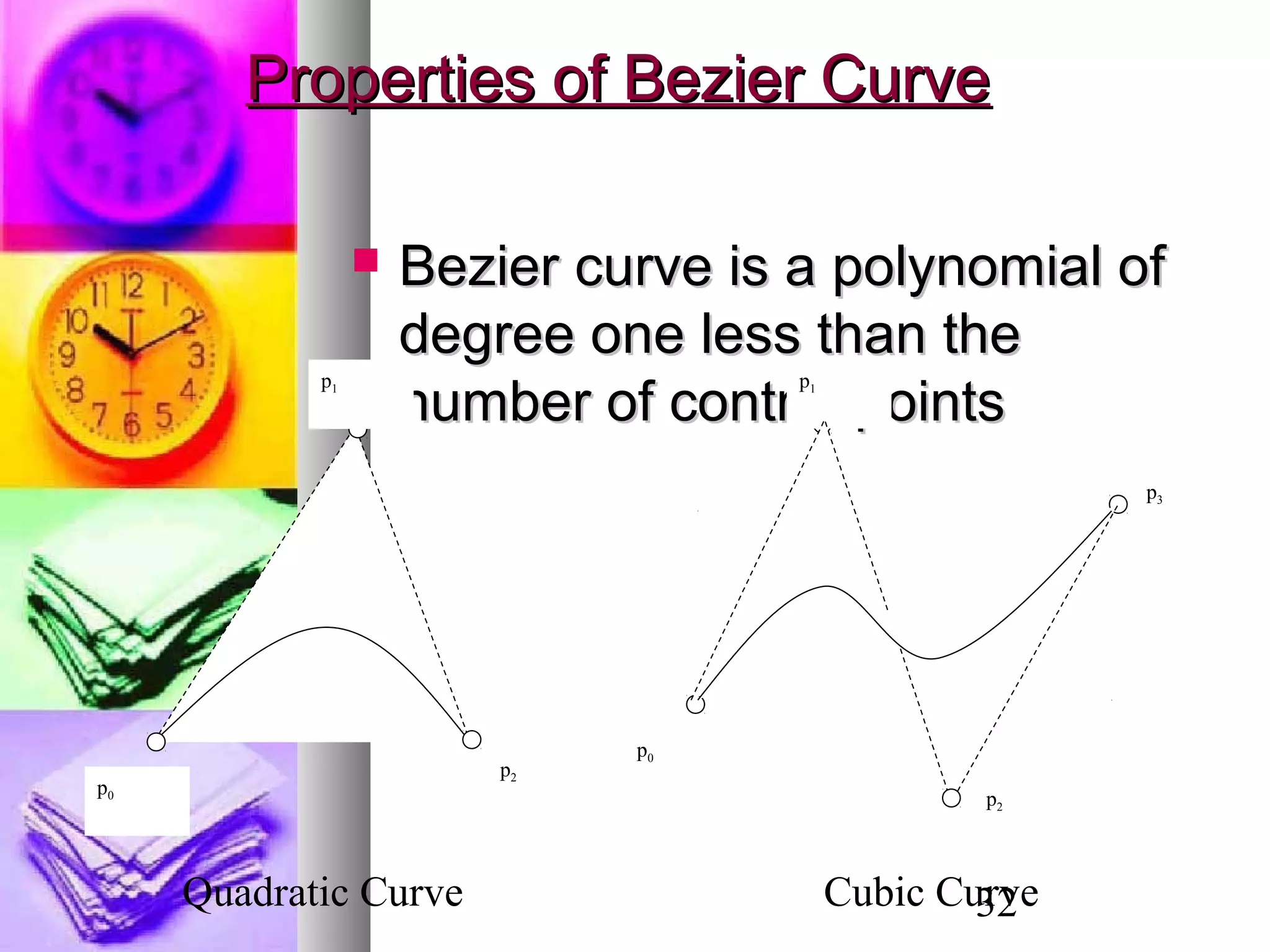 32
Properties of Bezier CurveProperties of Bezier Curve
 Bezier curve is a polynomial ofBezier curve is a polynomial of
degree one less than thedegree one less than the
number of control pointsnumber of control points
p0
p2
p1
p0
p2
p1
p3
Quadratic Curve Cubic Curve
 
