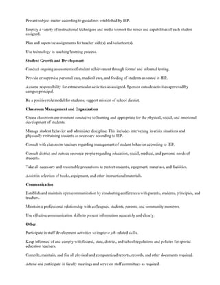 Present subject matter according to guidelines established by IEP.

Employ a variety of instructional techniques and media to meet the needs and capabilities of each student
assigned.

Plan and supervise assignments for teacher aide(s) and volunteer(s).

Use technology in teaching/learning process.

Student Growth and Development

Conduct ongoing assessments of student achievement through formal and informal testing.

Provide or supervise personal care, medical care, and feeding of students as stated in IEP.

Assume responsibility for extracurricular activities as assigned. Sponsor outside activities approved by
campus principal.

Be a positive role model for students; support mission of school district.

Classroom Management and Organization

Create classroom environment conducive to learning and appropriate for the physical, social, and emotional
development of students.

Manage student behavior and administer discipline. This includes intervening in crisis situations and
physically restraining students as necessary according to IEP.

Consult with classroom teachers regarding management of student behavior according to IEP.

Consult district and outside resource people regarding education, social, medical, and personal needs of
students.

Take all necessary and reasonable precautions to protect students, equipment, materials, and facilities.

Assist in selection of books, equipment, and other instructional materials.

Communication

Establish and maintain open communication by conducting conferences with parents, students, principals, and
teachers.

Maintain a professional relationship with colleagues, students, parents, and community members.

Use effective communication skills to present information accurately and clearly.

Other

Participate in staff development activities to improve job-related skills.

Keep informed of and comply with federal, state, district, and school regulations and policies for special
education teachers.

Compile, maintain, and file all physical and computerized reports, records, and other documents required.

Attend and participate in faculty meetings and serve on staff committees as required.
 