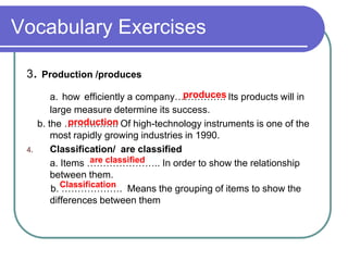 Vocabulary Exercises
3. Production /produces
a. how efficiently a company……………. Its products will in
large measure determine its success.
b. the …………….. Of high-technology instruments is one of the
most rapidly growing industries in 1990.
4. Classification/ are classified
a. Items ………………….. In order to show the relationship
between them.
b. ………………. Means the grouping of items to show the
differences between them
produces
production
are classified
Classification
 