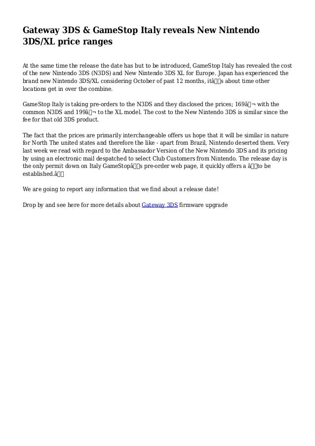 Gateway 3DS & GameStop Italy reveals New Nintendo 3DS/XL price ranges