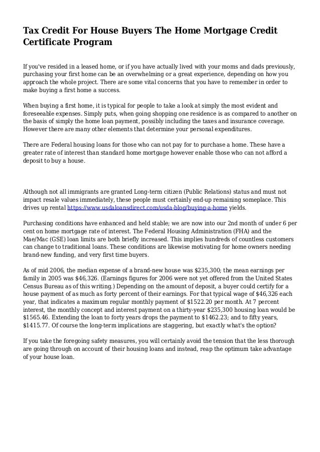 Tax Credit For House Buyers The Home Mortgage Credit Certificate Program
