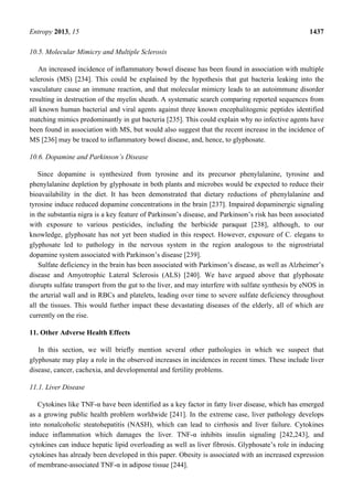 Entropy 2013, 15 1437
10.5. Molecular Mimicry and Multiple Sclerosis
An increased incidence of inflammatory bowel disease has been found in association with multiple
sclerosis (MS) [234]. This could be explained by the hypothesis that gut bacteria leaking into the
vasculature cause an immune reaction, and that molecular mimicry leads to an autoimmune disorder
resulting in destruction of the myelin sheath. A systematic search comparing reported sequences from
all known human bacterial and viral agents against three known encephalitogenic peptides identified
matching mimics predominantly in gut bacteria [235]. This could explain why no infective agents have
been found in association with MS, but would also suggest that the recent increase in the incidence of
MS [236] may be traced to inflammatory bowel disease, and, hence, to glyphosate.
10.6. Dopamine and Parkinson’s Disease
Since dopamine is synthesized from tyrosine and its precursor phenylalanine, tyrosine and
phenylalanine depletion by glyphosate in both plants and microbes would be expected to reduce their
bioavailability in the diet. It has been demonstrated that dietary reductions of phenylalanine and
tyrosine induce reduced dopamine concentrations in the brain [237]. Impaired dopaminergic signaling
in the substantia nigra is a key feature of Parkinson’s disease, and Parkinson’s risk has been associated
with exposure to various pesticides, including the herbicide paraquat [238], although, to our
knowledge, glyphosate has not yet been studied in this respect. However, exposure of C. elegans to
glyphosate led to pathology in the nervous system in the region analogous to the nigrostriatal
dopamine system associated with Parkinson’s disease [239].
Sulfate deficiency in the brain has been associated with Parkinson’s disease, as well as Alzheimer’s
disease and Amyotrophic Lateral Sclerosis (ALS) [240]. We have argued above that glyphosate
disrupts sulfate transport from the gut to the liver, and may interfere with sulfate synthesis by eNOS in
the arterial wall and in RBCs and platelets, leading over time to severe sulfate deficiency throughout
all the tissues. This would further impact these devastating diseases of the elderly, all of which are
currently on the rise.
11. Other Adverse Health Effects
In this section, we will briefly mention several other pathologies in which we suspect that
glyphosate may play a role in the observed increases in incidences in recent times. These include liver
disease, cancer, cachexia, and developmental and fertility problems.
11.1. Liver Disease
Cytokines like TNF-α have been identified as a key factor in fatty liver disease, which has emerged
as a growing public health problem worldwide [241]. In the extreme case, liver pathology develops
into nonalcoholic steatohepatitis (NASH), which can lead to cirrhosis and liver failure. Cytokines
induce inflammation which damages the liver. TNF-α inhibits insulin signaling [242,243], and
cytokines can induce hepatic lipid overloading as well as liver fibrosis. Glyphosate’s role in inducing
cytokines has already been developed in this paper. Obesity is associated with an increased expression
of membrane-associated TNF-α in adipose tissue [244].
 