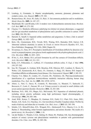 Entropy 2013, 15 1449
57. Lemberg, A.; Fernández, A. Hepatic encephalopathy, ammonia, glutamate, glutamine and
oxidative stress. Ann. Hepatol. 2009, 8, 95–102.
58. Romero-Gmez, M.; Jover, M.; Galn, J.J.; Ruiz, A. Gut ammonia production and its modulation.
Metab. Brain Dis. 2009, 24, 147–157.
59. MacDonald, M.J. and DCunha, G.B. A modern view of phenylalanine ammonia lyase. Biochem.
Cell. Biol. 2007, 85, 273–282.
60. Clayton, T.A. Metabolic differences underlying two distinct rat urinary phenotypes, a suggested
role for gut microbial metabolism of phenylalanine and a possible connection to autism. FEBS
Lett. 2012, 586, 956–961.
61. Hartzell, S.; Seneff, S. Impaired sulfate metabolism and epigenetics: Is there a link in autism?
Entropy 2012, 14, 1953–1977.
62. Kern, J.K.; Grannemann, B.D.; Trivedi, M.H.; Waring, R.H.; Ramsden, D.B.; Garver, C.R.
Abnormal sulfation chemistry in autism. In Trends in Autism Research; Ryaskin, O.T., Ed.;
Nova Publishers: Hauppauge, NY, USA, 2004; Chapter XI.
63. Sivsammye, G.; Sims, H.V. Presumptive identification of Clostridium difficile by detection of p-
cresol in prepared peptone yeast glucose broth supplemented with p-hydroxyphenylacetic acid. J.
Clin. Microbiol. 1990, 28, 1851–1853.
64. D’Ari, L.; H.A. Barker, H.A. p-Cresol formation by cell free extracts of Clostridium difficile,
Arch. Microbiol. 1985, 143, 311–312.
65. Kelly, C.P.; Pothoulakis, C.; LaMont, J.T. Clostridium difficile colitis. N. Engl. J. Med. 1994,
330, 257–262.
66. Issa, M.; Vijayapal, A.; Graham, M.B.; Beaulieu, D.B.; Otterson, M.F.; Lundeen, S.; Skaros, S.;
Weber, L.R.; Komorowski, R.A.; Knox, J.F.; Emmons, J.; Bajaj, J.S.; Binion, D.G. Impact of
Clostridium difficile on inflammatory bowel disease. Clin. Gastroenterol. Hepatol. 2007, 5, 345–351.
67. Clayton, T.A.; Baker, D.; Lindon, J.C.; Everett, J.R.; Nicholson, J.K. Phar-macometabonomic
identification of a significant hostmicrobiome metabolic interaction affecting human drug
metabolism. Proc. Natl. Am. Sci. 2009, 106, 14728–14733.
68. Altieri, L.; Neri, C.; Sacco, R.; Curatolo, P.; Benvenuto, A.; Muratori, F.; Santocchi, E.;
Bravaccio, C.; Lenti, C.; Saccani, M. et al. Urinary p-cresol is elevated in small children with
severe autism spectrum disorder. Biomarkers 2011, 16, 252–260.
69. Buckman, N.G.; Hill, J.O.; Magee, R.J.; McCormick, M.J. Separation of substituted phenols,
including eleven priority pollutants using high performance liquid chromatography, J.
Chromatogr. 1984, 284, 441–446.
70. Azad, M.B.; Konya, T.; Maughan, H.; Guttman, D.S.; Field, C.J.; Chari, R.S.; Sears, M.R.;
Becker, A.B.; Scott, J.A.; Ozyrskyj, A.L. Gut microbiota of healthy Canadian infants: Profiles by
mode of delivery and infant diet at 4 months. Can. Med. Assoc. J. 2013 185, 385–394.
71. Schultz, S.T.; Klonoff-Cohen, H.S.; Wingard, D.L.; Akshoomoff, N.A.; Macera, C.A.; Ji, M.;
Bacher, C. Breastfeeding, infant formula supplementation, and autistic disorder: The results of a
parent survey. Int. Breastfeed. J. 2006, 1, 16.
72. van der Heiden, C.; Wauters, E.A.K.; Ketting, D.; Duran, M.; Wadman, S.K. Gas chromatographic
analysis of urinary tyrosine and phenylalanine metabolites in patients with gastrointestinal
disorders. Clin. Chim. Acta. 1971, 34, 289–296.
 