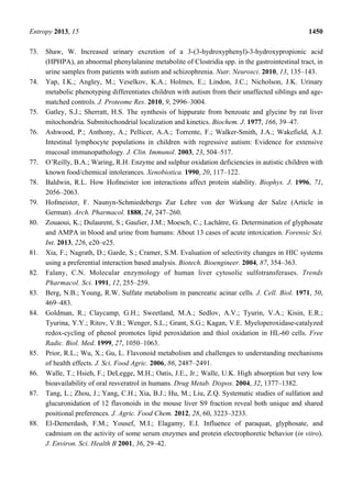 Entropy 2013, 15 1450
73. Shaw, W. Increased urinary excretion of a 3-(3-hydroxyphenyl)-3-hydroxypropionic acid
(HPHPA), an abnormal phenylalanine metabolite of Clostridia spp. in the gastrointestinal tract, in
urine samples from patients with autism and schizophrenia. Nutr. Neurosci. 2010, 13, 135–143.
74. Yap, I.K.; Angley, M.; Veselkov, K.A.; Holmes, E.; Lindon, J.C.; Nicholson, J.K. Urinary
metabolic phenotyping differentiates children with autism from their unaffected siblings and age-
matched controls. J. Proteome Res. 2010, 9, 2996–3004.
75. Gatley, S.J.; Sherratt, H.S. The synthesis of hippurate from benzoate and glycine by rat liver
mitochondria. Submitochondrial localization and kinetics. Biochem. J. 1977, 166, 39–47.
76. Ashwood, P.; Anthony, A.; Pellicer, A.A.; Torrente, F.; Walker-Smith, J.A.; Wakefield, A.J.
Intestinal lymphocyte populations in children with regressive autism: Evidence for extensive
mucosal immunopathology. J. Clin. Immunol. 2003, 23, 504–517.
77. O’Reilly, B.A.; Waring, R.H. Enzyme and sulphur oxidation deficiencies in autistic children with
known food/chemical intolerances. Xenobiotica. 1990, 20, 117–122.
78. Baldwin, R.L. How Hofmeister ion interactions affect protein stability. Biophys. J. 1996, 71,
2056–2063.
79. Hofmeister, F. Naunyn-Schmiedebergs Zur Lehre von der Wirkung der Salze (Article in
German). Arch. Pharmacol. 1888, 24, 247–260.
80. Zouaoui, K.; Dulaurent, S.; Gaulier, J.M.; Moesch, C.; Lachâtre, G. Determination of glyphosate
and AMPA in blood and urine from humans: About 13 cases of acute intoxication. Forensic Sci.
Int. 2013, 226, e20–e25.
81. Xia, F.; Nagrath, D.; Garde, S.; Cramer, S.M. Evaluation of selectivity changes in HIC systems
using a preferential interaction based analysis. Biotech. Bioengineer. 2004, 87, 354–363.
82. Falany, C.N. Molecular enzymology of human liver cytosolic sulfotransferases. Trends
Pharmacol. Sci. 1991, 12, 255–259.
83. Berg, N.B.; Young, R.W. Sulfate metabolism in pancreatic acinar cells. J. Cell. Biol. 1971, 50,
469–483.
84. Goldman, R.; Claycamp, G.H.; Sweetland, M.A.; Sedlov, A.V.; Tyurin, V.A.; Kisin, E.R.;
Tyurina, Y.Y.; Ritov, V.B.; Wenger, S.L.; Grant, S.G.; Kagan, V.E. Myeloperoxidase-catalyzed
redox-cycling of phenol promotes lipid peroxidation and thiol oxidation in HL-60 cells. Free
Radic. Biol. Med. 1999, 27, 1050–1063.
85. Prior, R.L.; Wu, X.; Gu, L. Flavonoid metabolism and challenges to understanding mechanisms
of health effects. J. Sci. Food Agric. 2006, 86, 2487–2491.
86. Walle, T.; Hsieh, F.; DeLegge, M.H.; Oatis, J.E., Jr.; Walle, U.K. High absorption but very low
bioavailability of oral resveratrol in humans. Drug Metab. Dispos. 2004, 32, 1377–1382.
87. Tang, L.; Zhou, J.; Yang, C.H.; Xia, B.J.; Hu, M.; Liu, Z.Q. Systematic studies of sulfation and
glucuronidation of 12 flavonoids in the mouse liver S9 fraction reveal both unique and shared
positional preferences. J. Agric. Food Chem. 2012, 28, 60, 3223–3233.
88. El-Demerdash, F.M.; Yousef, M.I.; Elagamy, E.I. Influence of paraquat, glyphosate, and
cadmium on the activity of some serum enzymes and protein electrophoretic behavior (in vitro).
J. Environ. Sci. Health B 2001, 36, 29–42.
 