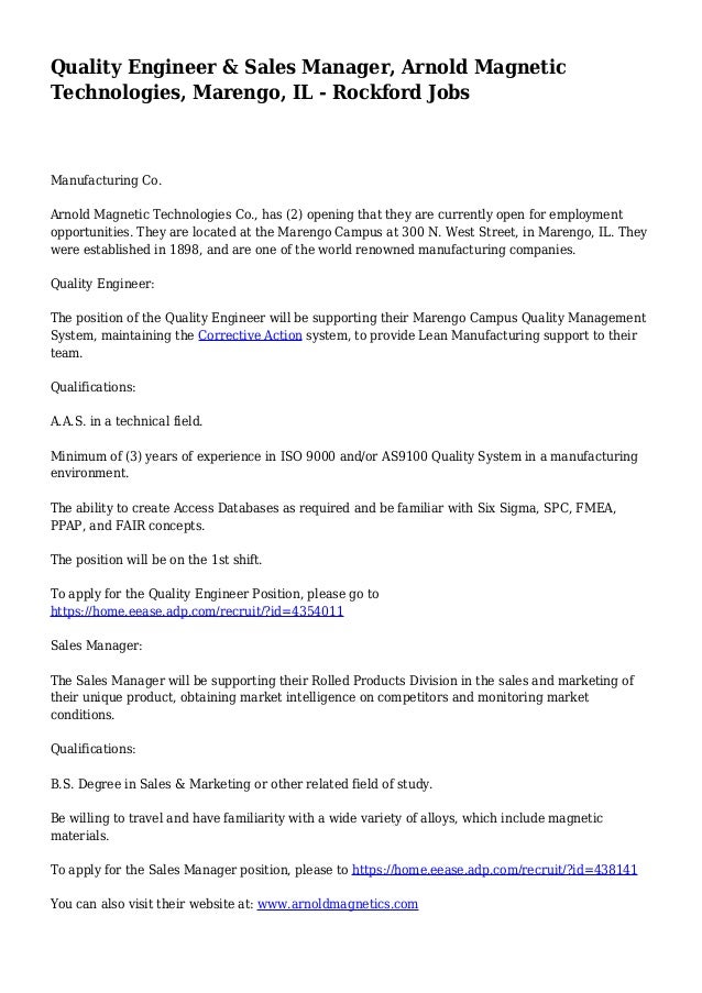 Quality Engineer & Sales Manager, Arnold Technologies, Marengo