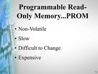 79
Programmable Read-
Only Memory...PROM
• Non-Volatile
• Slow
• Difficult to Change
• Expensive
 