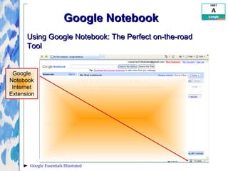 Google Essentials Illustrated
Google NotebookGoogle Notebook
Google
Notebook
Internet
Extension
Using Google Notebook: The...