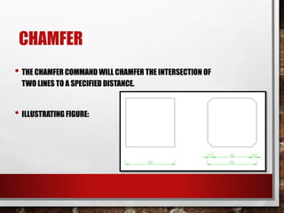 CHAMFER
• THE CHAMFER COMMAND WILL CHAMFER THE INTERSECTION OF
TWO LINES TO A SPECIFIED DISTANCE.
• ILLUSTRATING FIGURE:
 