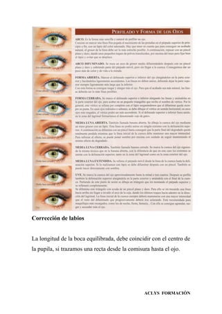 ACLYS FORMACIÓN
Corrección de labios
La longitud de la boca equilibrada, debe coincidir con el centro de
la pupila, si trazamos una recta desde la comisura hasta el ojo.
 