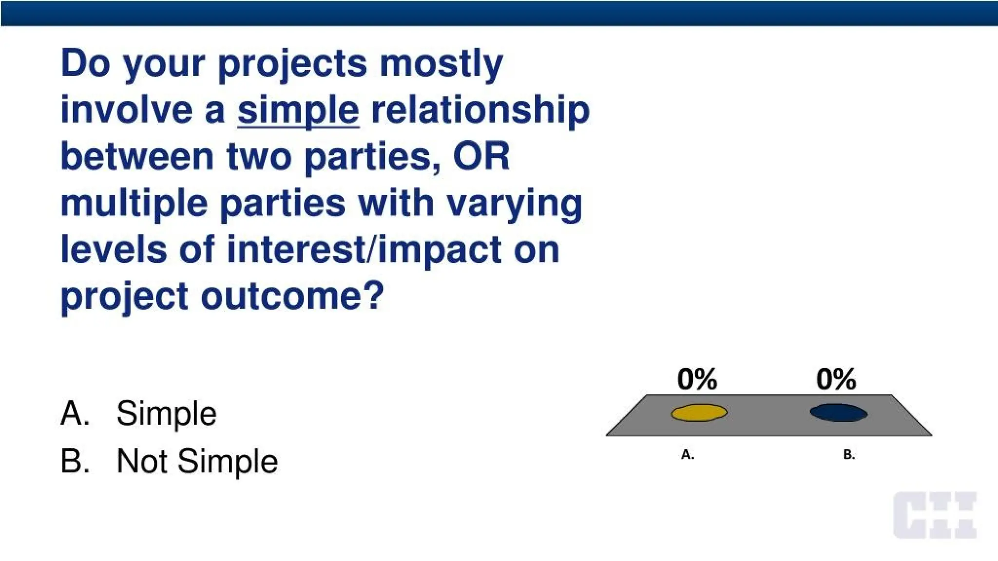 Do your projects mostly
involve a simple relationship
between two parties, OR
multiple parties with varying
levels of interest/impact on
project outcome?
o% 0%
A. Simple
B. Not Simple A. B.
 