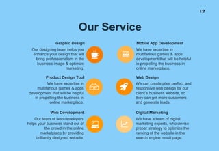 12
Our Service
We have expertise in
multifarious games & apps
development that will be helpful
in propelling the business in
online marketplace.
Mobile App Development
We can create pixel perfect and
responsive web design for our
client’s business website, so
they can get more customers
and generate leads.
Web Design
We have a team of digital
marketing experts, who devise
proper strategy to optimize the
ranking of the website in the
search engine result page.
Digital Marketing
Our designing team helps you
enhance your design that will
bring professionalism in the
business image & optimize
marketing.
Graphic Design
We have expertise in
multifarious games & apps
development that will be helpful
in propelling the business in
online marketplace.
Product Design Tool
Our team of web developers
helps your business stand out of
the crowd in the online
marketplace by providing
brilliantly designed website.
Web Development
 