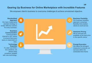 19
Gearing Up Business for Online Marketplace with Incredible Features
We empower client’s business to overcome challenges & achieve envisioned objective.
Standardized
Approach
Our team implements
standard strategy to
render effective solution
for every business.
Seamless
Communication
Communication
channel is 24/7 active
to ensure that every
query is responded on
time.
Technology
Expertise
To cater out-of-the-
box solutions, we
always keep
ourselves updated
with new technology.
Business Flexibility
Our business handling
approach comprises
flexibility that enables
clients to avail service.
Awesome Pricing
All our services are
available at the best price
in the specific arena.
Prompt Execution
We follow the stringent
measures to execute our
services within the
scheduled time frame.
 