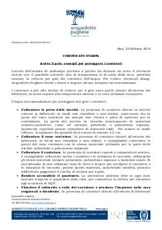 Acquedotto Pugliese
Comunicazione e Relazioni Esterne
Tel 080 5723442 comunicazione@aqp.it
N° 180413 - N° IT242226/UK - N°...