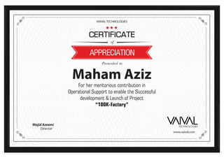 VAIVAL TECHNOLOGIES
www.vaival.com
Maham Aziz
Majid Azeemi
Director
For her meritorious contribution in
Operational Support to enable the Successful
development & Launch of Project
“100K-Factory”
 