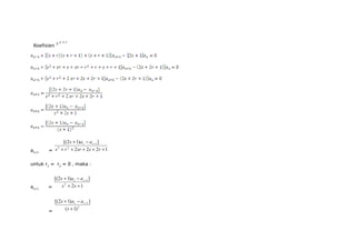 Koefisien 
s a as s 
+ - - 
[(2 1) ] 
2 2 
1 
s r sr s r 
+ + + + + 
as+1 = 2 2 2 1 
untuk r1 = r2 = 0 , maka : 
s a as s 
+ - - 
s s 
[(2 1) ] 
2 
as+1 = 2 1 
1 
+ + 
= 
s a as s 
+ - - 
s 
[(2 1) ] 
2 
1 
+ 
( 1) 
 