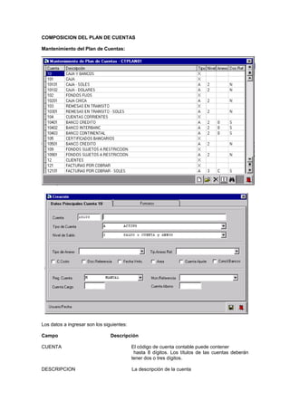 COMPOSICION DEL PLAN DE CUENTAS
Mantenimiento del Plan de Cuentas:
Los datos a ingresar son los siguientes:
Campo Descripción
CUENTA El código de cuenta contable puede contener
hasta 8 dígitos. Los títulos de las cuentas deberán
tener dos o tres dígitos.
DESCRIPCION La descripción de la cuenta
 