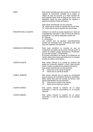 AREA Este campo permite para esta cuenta al momento de
registrar el movimiento contable se le asigne un
código de área de acuerdo a la Tabla General 26,
para posteriormente emitir el Reporte por áreas. Una
aplicación puede ser para clasificar los ingresos y
egresos de efectivo (Flujo de Efectivo)
Este campo será llenado con dos opciones:
"N" Indica que la cuenta no requiere del uso de Area.
"S" Indica que la cuenta requiere del uso de Area
REGISTRO DE LA CUENTA Indicará si la cuenta se puede registrar por medio de
comprobantes manuales o sólo en forma de asientos
automáticos. Los valores asignados pueden ser :
M = Manual
A = Automático
Las cuentas que se generan automáticamente
pueden ser marcadas como automáticas para evitar
que sean digitadas manualmente.
MONEDA DE REFERENCIA Sirve para identificar la moneda en que se
mantendrán los saldos de la cuenta. Permite emitir el
cuadro de análisis cuenta "Documentos Pendientes,
en una sola moneda". (CTDOCU08).
El proceso automático de Ajuste de la Diferencia de
cambio utiliza estos datos para determinar si actualiza
el saldo en soles o el de dólares.
CUENTA AJUSTE Este campo indicará si la cuenta es producto del
ajuste por corrección inflación ( ACM ) para permitir
incluir o excluir su saldo de los estados financieros.
Este campo será llenado con dos opciones:
"N" Indica que no es cuenta de ajuste .
"S" Indica que es cuenta de ajuste.
CONCIL. BANCOS Este campo indicará que la cuenta se considerará
para el proceso de Conciliación Bancaria automática.
Debe usarse sólo para las cuentas de bancos. Este
campo será llenado con dos opciones:
"N" Indica que la cuenta no se concilia .
"S" Indica que la cuenta se concilia
CUENTA CARGO Este campo indicará la creación de un cargo
automático a nivel de comprobante, en el proceso
mensual.
CUENTA ABONO Este campo indicará la creación de un abono
automático a nivel de comprobante, en el proceso
mensual.
 