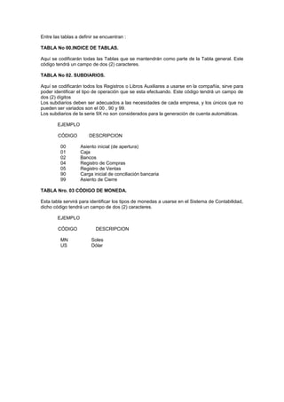 Entre las tablas a definir se encuentran :
TABLA No 00.INDICE DE TABLAS.
Aquí se codificarán todas las Tablas que se mantendrán como parte de la Tabla general. Este
código tendrá un campo de dos (2) caracteres.
TABLA No 02. SUBDIARIOS.
Aquí se codificarán todos los Registros o Libros Auxiliares a usarse en la compañía, sirve para
poder identificar el tipo de operación que se esta efectuando. Este código tendrá un campo de
dos (2) dígitos
Los subdiarios deben ser adecuados a las necesidades de cada empresa, y los únicos que no
pueden ser variados son el 00 , 90 y 99.
Los subdiarios de la serie 9X no son considerados para la generación de cuenta automáticas.
EJEMPLO
CÓDIGO DESCRIPCION
00 Asiento inicial (de apertura)
01 Caja
02 Bancos
04 Registro de Compras
05 Registro de Ventas
90 Carga inicial de conciliación bancaria
99 Asiento de Cierre
TABLA Nro. 03 CÓDIGO DE MONEDA.
Esta tabla servirá para identificar los tipos de monedas a usarse en el Sistema de Contabilidad,
dicho código tendrá un campo de dos (2) caracteres.
EJEMPLO
CÓDIGO DESCRIPCION
MN Soles
US Dólar
 