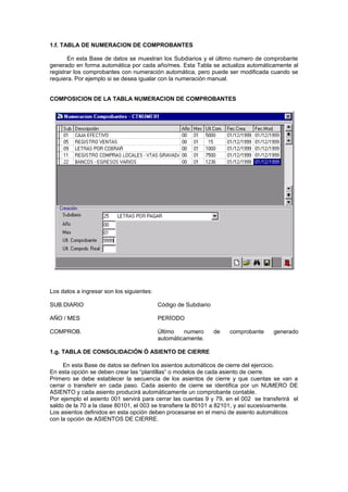 1.f. TABLA DE NUMERACION DE COMPROBANTES
En esta Base de datos se muestran los Subdiarios y el último numero de comprobante
generado en forma automática por cada año/mes. Esta Tabla se actualiza automáticamente al
registrar los comprobantes con numeración automática, pero puede ser modificada cuando se
requiera. Por ejemplo si se desea igualar con la numeración manual.
COMPOSICION DE LA TABLA NUMERACION DE COMPROBANTES
Los datos a ingresar son los siguientes:
SUB.DIARIO Código de Subdiario
AÑO / MES PERÍODO
COMPROB. Último numero de comprobante generado
automáticamente.
1.g. TABLA DE CONSOLIDACIÓN Ó ASIENTO DE CIERRE
En esta Base de datos se definen los asientos automáticos de cierre del ejercicio.
En esta opción se deben crear las “plantillas” o modelos de cada asiento de cierre.
Primero se debe establecer la secuencia de los asientos de cierre y que cuentas se van a
cerrar o transferir en cada paso. Cada asiento de cierre se identifica por un NUMERO DE
ASIENTO y cada asiento producirá automáticamente un comprobante contable.
Por ejemplo el asiento 001 servirá para cerrar las cuentas 9 y 79, en el 002 se transferirá el
saldo de la 70 a la clase 80101, el 003 se transfiere la 80101 a 82101, y así sucesivamente.
Los asientos definidos en esta opción deben procesarse en el menú de asiento automáticos
con la opción de ASIENTOS DE CIERRE.
 