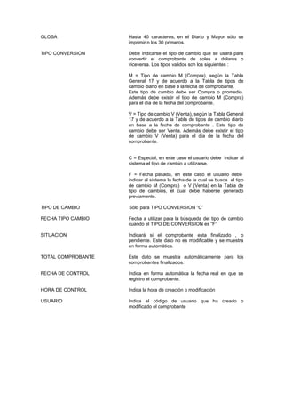 GLOSA Hasta 40 caracteres, en el Diario y Mayor sólo se
imprimir n los 30 primeros.
TIPO CONVERSION Debe indicarse el tipo de cambio que se usará para
convertir el comprobante de soles a dólares o
viceversa. Los tipos validos son los siguientes :
M = Tipo de cambio M (Compra), según la Tabla
General 17 y de acuerdo a la Tabla de tipos de
cambio diario en base a la fecha de comprobante.
Este tipo de cambio debe ser Compra o promedio.
Además debe existir el tipo de cambio M (Compra)
para el día de la fecha del comprobante.
V = Tipo de cambio V (Venta), según la Tabla General
17 y de acuerdo a la Tabla de tipos de cambio diario
en base a la fecha de comprobante . Este tipo de
cambio debe ser Venta. Además debe existir el tipo
de cambio V (Venta) para el día de la fecha del
comprobante.
C = Especial, en este caso el usuario debe indicar al
sistema el tipo de cambio a utilizarse.
F = Fecha pasada, en este caso el usuario debe
indicar al sistema la fecha de la cual se busca el tipo
de cambio M (Compra) o V (Venta) en la Tabla de
tipo de cambios, el cual debe haberse generado
previamente.
TIPO DE CAMBIO Sólo para TIPO CONVERSION “C”
FECHA TIPO CAMBIO Fecha a utilizar para la búsqueda del tipo de cambio
cuando el TIPO DE CONVERSION es “F”
SITUACION Indicará si el comprobante esta finalizado , o
pendiente. Este dato no es modificable y se muestra
en forma automática.
TOTAL COMPROBANTE Este dato se muestra automáticamente para los
comprobantes finalizados.
FECHA DE CONTROL Indica en forma automática la fecha real en que se
registro el comprobante.
HORA DE CONTROL Indica la hora de creación o modificación
USUARIO Indica el código de usuario que ha creado o
modificado el comprobante
 