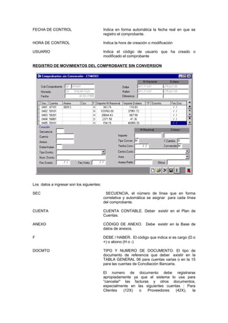 FECHA DE CONTROL Indica en forma automática la fecha real en que se
registro el comprobante.
HORA DE CONTROL Indica la hora de creación o modificación
USUARIO Indica el código de usuario que ha creado o
modificado el comprobante
REGISTRO DE MOVIMIENTOS DEL COMPROBANTE SIN CONVERSION
Los datos a ingresar son los siguientes:
SEC SECUENCIA, el número de línea que en forma
correlativa y automática se asignar para cada línea
del comprobante.
CUENTA CUENTA CONTABLE. Deber existir en el Plan de
Cuentas.
ANEXO CÓDIGO DE ANEXO. Debe existir en la Base de
datos de anexos.
F DEBE / HABER. El código que indica si es cargo (D o
+) o abono (H o -)
DOCMTO TIPO Y NUMERO DE DOCUMENTO. El tipo de
documento de referencia que deber existir en la
TABLA GENERAL 06 para cuentas varias o en la 15
para las cuentas de Conciliación Bancaria.
El numero de documento debe registrarse
apropiadamente ya que el sistema lo usa para
“cancelar" las facturas y otros documentos,
especialmente en las siguientes cuentas : Para
Clientes (12X) o Proveedores (42X), la
 