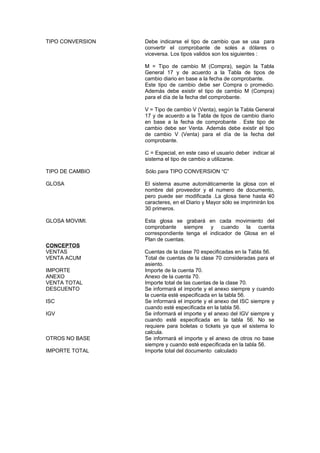 TIPO CONVERSION Debe indicarse el tipo de cambio que se usa para
convertir el comprobante de soles a dólares o
viceversa. Los tipos validos son los siguientes :
M = Tipo de cambio M (Compra), según la Tabla
General 17 y de acuerdo a la Tabla de tipos de
cambio diario en base a la fecha de comprobante.
Este tipo de cambio debe ser Compra o promedio.
Además debe existir el tipo de cambio M (Compra)
para el día de la fecha del comprobante.
V = Tipo de cambio V (Venta), según la Tabla General
17 y de acuerdo a la Tabla de tipos de cambio diario
en base a la fecha de comprobante . Este tipo de
cambio debe ser Venta. Además debe existir el tipo
de cambio V (Venta) para el día de la fecha del
comprobante.
C = Especial, en este caso el usuario deber indicar al
sistema el tipo de cambio a utilizarse.
TIPO DE CAMBIO Sólo para TIPO CONVERSION “C”
GLOSA El sistema asume automáticamente la glosa con el
nombre del proveedor y el numero de documento,
pero puede ser modificada .La glosa tiene hasta 40
caracteres, en el Diario y Mayor sólo se imprimirán los
30 primeros.
GLOSA MOVIMI. Esta glosa se grabará en cada movimiento del
comprobante siempre y cuando la cuenta
correspondiente tenga el indicador de Glosa en el
Plan de cuentas.
CONCEPTOS
VENTAS Cuentas de la clase 70 especificadas en la Tabla 56.
VENTA ACUM Total de cuentas de la clase 70 consideradas para el
asiento.
IMPORTE Importe de la cuenta 70.
ANEXO Anexo de la cuenta 70.
VENTA TOTAL Importe total de las cuentas de la clase 70.
DESCUENTO Se informará el importe y el anexo siempre y cuando
la cuenta esté especificada en la tabla 56.
ISC Se informará el importe y el anexo del ISC siempre y
cuando esté especificada en la tabla 56.
IGV Se informará el importe y el anexo del IGV siempre y
cuando esté especificada en la tabla 56. No se
requiere para boletas o tickets ya que el sistema lo
calcula.
OTROS NO BASE Se informará el importe y el anexo de otros no base
siempre y cuando esté especificada en la tabla 56.
IMPORTE TOTAL Importe total del documento calculado
 
