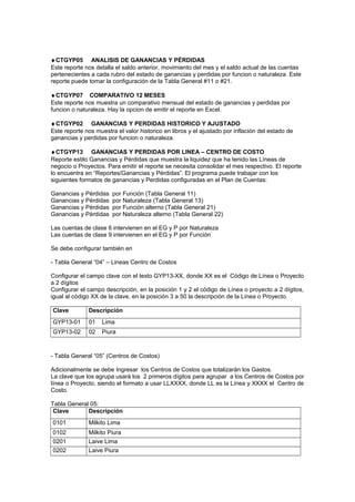 ♦CTGYP05 ANALISIS DE GANANCIAS Y PÉRDIDAS
Este reporte nos detalla el saldo anterior, movimiento del mes y el saldo actual de las cuentas
pertenecientes a cada rubro del estado de ganancias y perdidas por funcion o naturaleza. Este
reporte puede tomar la configuración de la Tabla General #11 o #21.
♦CTGYP07 COMPARATIVO 12 MESES
Este reporte nos muestra un comparativo mensual del estado de ganancias y perdidas por
funcion o naturaleza. Hay la opcion de emitir el reporte en Excel.
♦CTGYP02 GANANCIAS Y PERDIDAS HISTORICO Y AJUSTADO
Este reporte nos muestra el valor historico en libros y el ajustado por inflación del estado de
ganancias y perdidas por funcion o naturaleza.
♦CTGYP13 GANANCIAS Y PERDIDAS POR LINEA – CENTRO DE COSTO
Reporte estilo Ganancias y Pérdidas que muestra la liquidez que ha tenido las Líneas de
negocio o Proyectos. Para emitir el reporte se necesita consolidar el mes respectivo. El reporte
lo encuentra en “Reportes/Ganancias y Pérdidas”. El programa puede trabajar con los
siguientes formatos de ganancias y Perdidas configuradas en el Plan de Cuentas:
Ganancias y Pérdidas por Función (Tabla General 11)
Ganancias y Pérdidas por Naturaleza (Tabla General 13)
Ganancias y Pérdidas por Función alterno (Tabla General 21)
Ganancias y Pérdidas por Naturaleza alterno (Tabla General 22)
Las cuentas de clase 6 intervienen en el EG y P por Naturaleza
Las cuentas de clase 9 intervienen en el EG y P por Función
Se debe configurar también en
- Tabla General “04” – Lineas Centro de Costos
Configurar el campo clave con el texto GYP13-XX, donde XX es el Código de Línea o Proyecto
a 2 dígitos
Configurar el campo descripción, en la posición 1 y 2 el código de Línea o proyecto a 2 dígitos,
igual al código XX de la clave, en la posición 3 a 50 la descripción de la Línea o Proyecto.
Clave Descripción
GYP13-01 01 Lima
GYP13-02 02 Piura
- Tabla General “05” (Centros de Costos)
Adicionalmente se debe Ingresar los Centros de Costos que totalizarán los Gastos.
La clave que los agrupa usará los 2 primeros dígitos para agrupar a los Centros de Costos por
línea o Proyecto, siendo el formato a usar LLXXXX, donde LL es la Línea y XXXX el Centro de
Costo.
Tabla General 05:
Clave Descripción
0101 Milkito Lima
0102 Milkito Piura
0201 Laive Lima
0202 Laive Piura
 