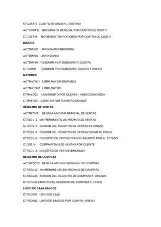 CTCOST12 CUENTA DE ORIGEN – DESTINO
♦CTCOST32 MOVIMIENTO MENSUAL POR CENTRO DE COSTO
CTCOST44 MOVIEMIENTOS POR OBRA POR CENTRO DE COSTO
DIARIOS
♦CTDIAR01 LIBRO DIARIO BIMONEDA
♦CTDIAR02 LIBRO DIARIO
♦CTDIAR04 RESUMEN POR SUBDIARIO Y CUENTA
CTDIAR06 RESUMEN POR SUBDIARIO, CUENTA Y ANEXO
MAYORES
♦CTMAYO01 LIBRO MAYOR BIMONEDA
♦CTMAYO02 LIBRO MAYOR
CTMAYO03 MOVIMIENTO POR CUENTA – ANEXO BIMONEDA
CTMAYO05 LIBRO MAYOR FORMATO GRANDE
REGISTRO DE VENTAS
♦CTREGV11 GENERA ARCHIVO MENSUAL DE VENTAS
CTREGV12 MANTENIMIENTO DE ARCHIVO DE VENTAS
CTREGV13 EMISION DEL REGISTRO DE VENTAS ESTANDAR
CTREGV15 EMISION DEL REGISTRO DE VENTAS FORMATO CHICO
CTREGV16 REGISTRO DE VENTAS CON IGV ASUMIDO POR EL ESTADO
CTLIST13 COMPARATIVO DE VENTAS POR CLIENTE
CTREGV18 REGISTRO DE VENTAS BIMONEDA
REGISTRO DE COMPRAS
♦CTREGC25 GENERA ARCHIVO MENSUAL DE COMPRAS
CTREGC22 MANTENIMIENTO DE ARCHIVO DE COMPRAS
CTREGC23 EMISION DEL REGISTRO DE COMPRAS F. GRANDE
CTREGC34 EMISION DEL REGISTRO DE COMPRAS F. CHICO
LIBRO DE CAJA BANCOS
CTREGB01 LIBRO DE CAJA
CTREGB02 LIBRO DE BANCOS POR CUENTA / ANEXO
 